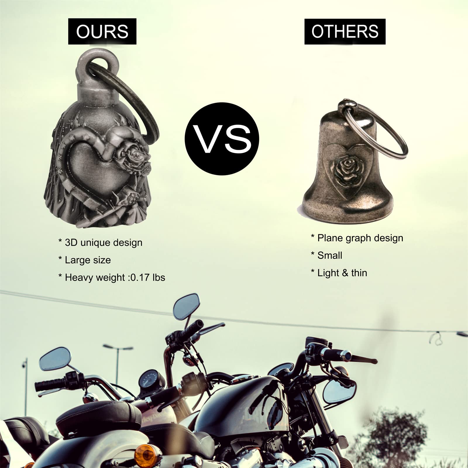 Dream Apparel Motorcycle ride bell for bikers,heavy spirit bells accessory and key chain for luck (DBL12-L Heart with rose)