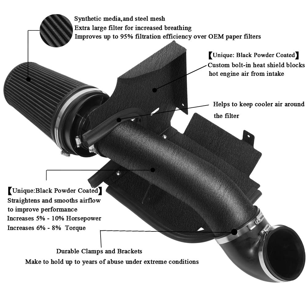 Moosun 4 Inch Cold Air Intake Black Tube + Heat Shield For 1999-2006 Gmc/Chevy V8 4.8L/5.3L/6.0L Silverado 1500/2500/3500 Black