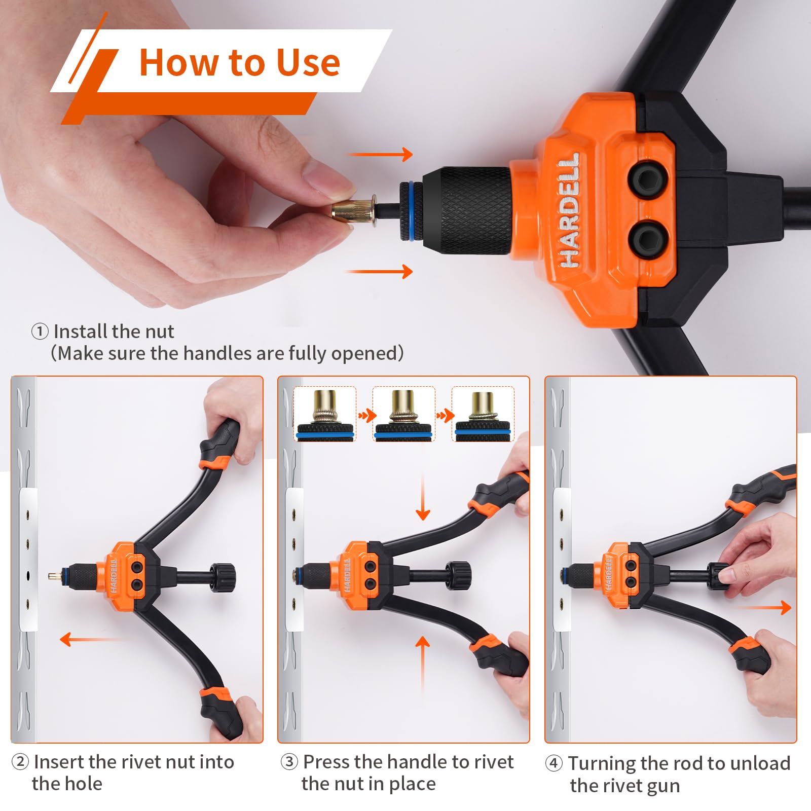 Hardell Rivet Nut Tool, 14'' Rivnut Tool With 100 Pcs Rivet Nuts And 7 Metric & Inch Mandrels M6 M8 M10, 1/4-20, 5/16-18, 3/8-16