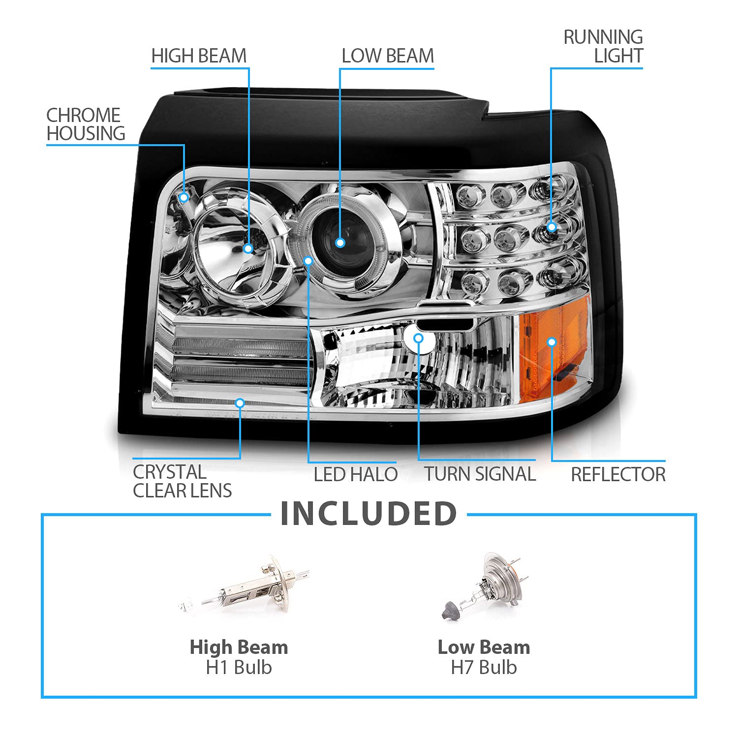 Amerilite Chrome Projector Halogen Car Headlights Halo For Ford F-150/F-250/Bronco - Passenger And Driver Side, Vehicle Light As