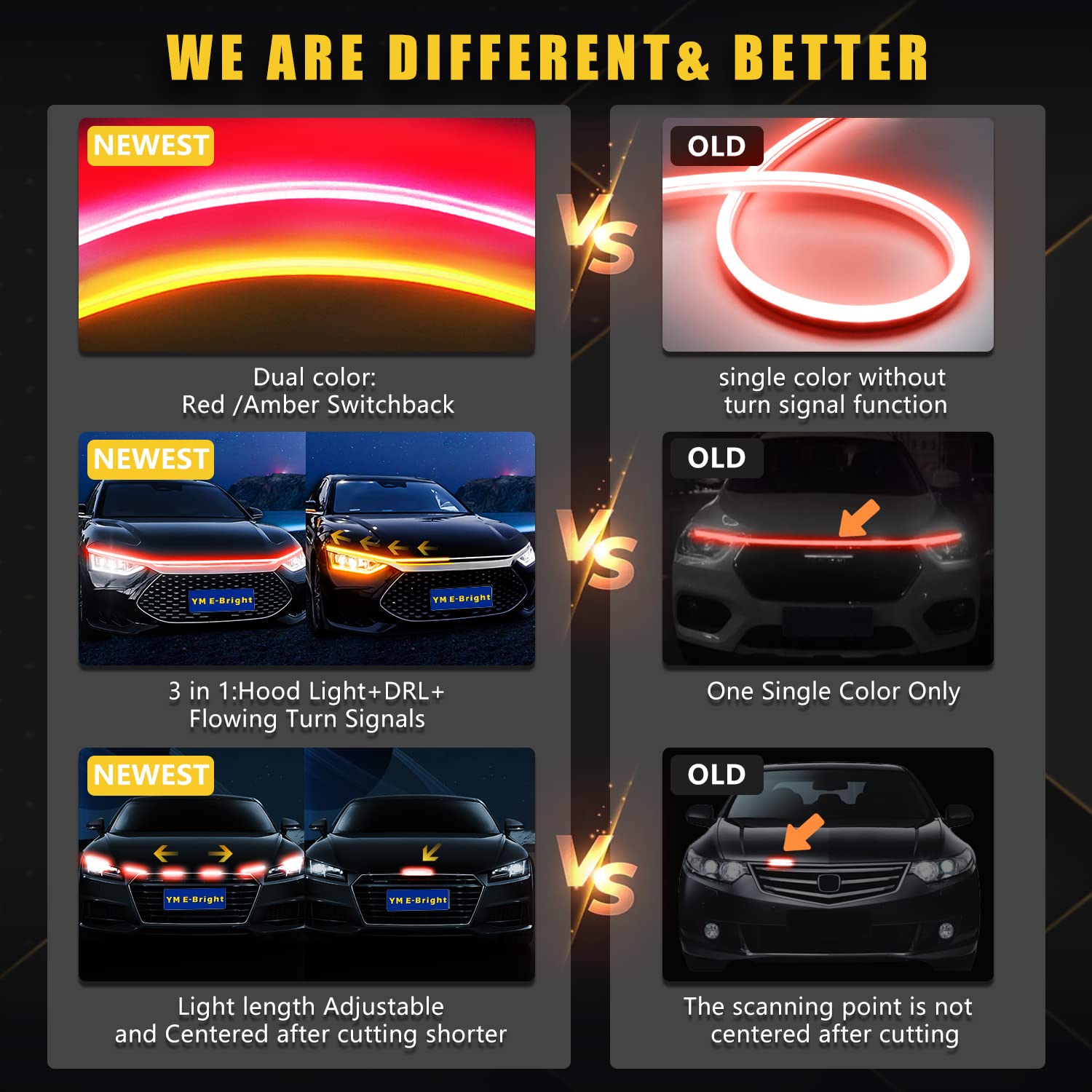 YM E-Bright Sequential LED Turn Signal Light Strip, 70in Flexible DRL, Red/Amber Switchback, Silicone Gel, For Car/Truck/SUV