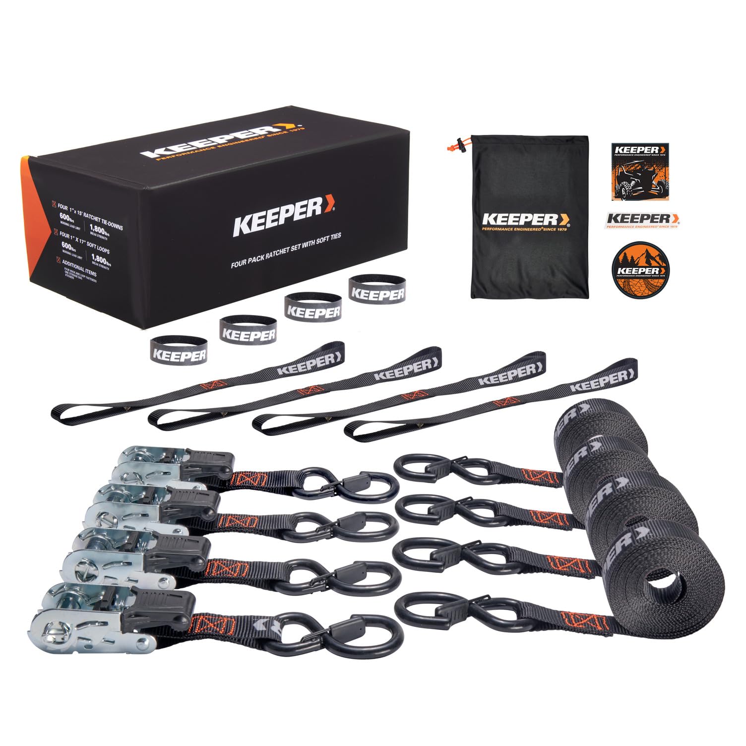 Keeper Ratchet Tie Down Kit (4Pk) – 1800Lb Max Break Strength, Includes (4) Premium 1' X 15' Rachet Tie Down Straps With Padded Handles, (4) Soft Loop Ties, (4) Hook & Loop Straps With Storage Bag