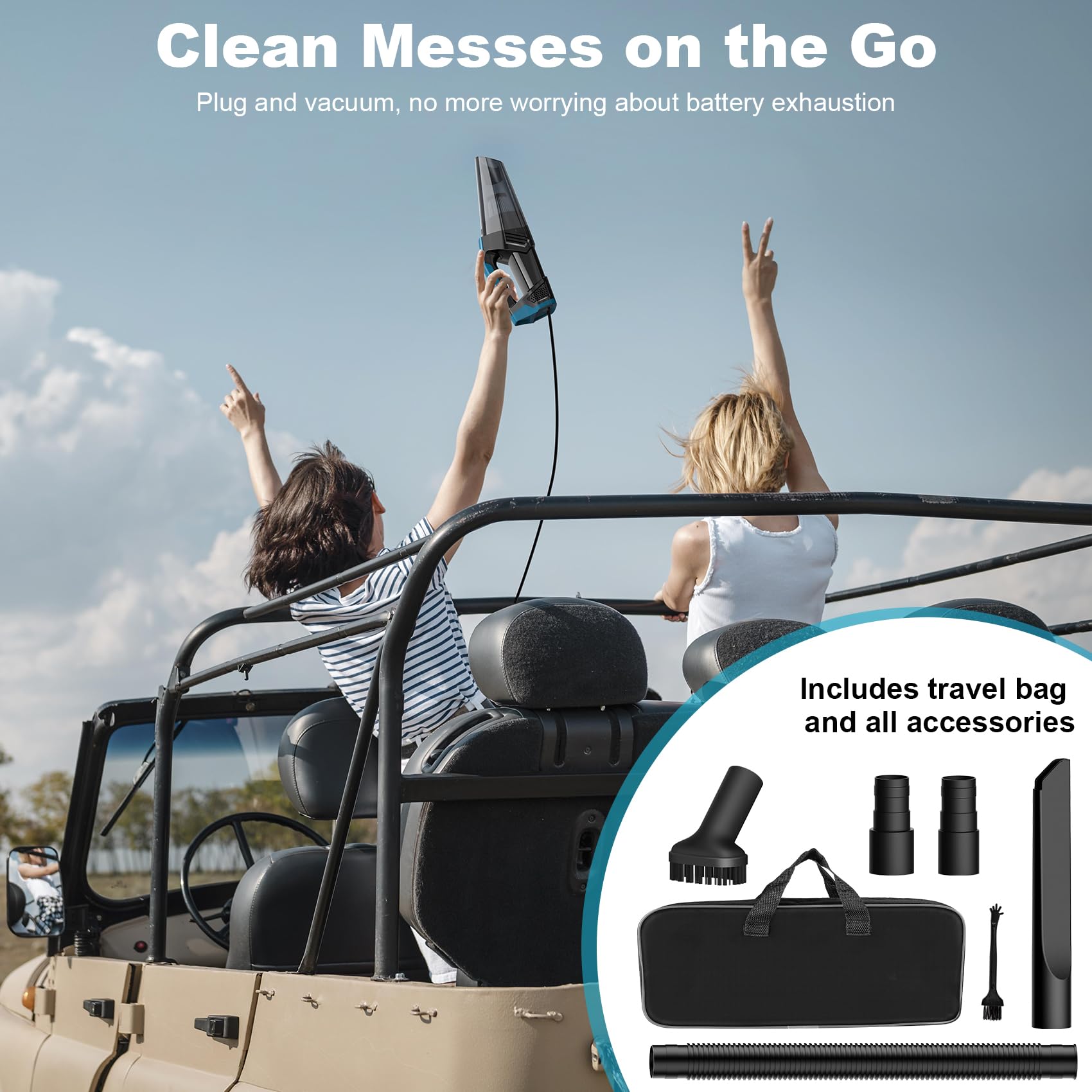 Car Vacuum - Portable Handheld Car Vacuum Cleaner High Power With 16.4Ft Cord, Bag, Led Light & Attachments - Dc 12V High Power