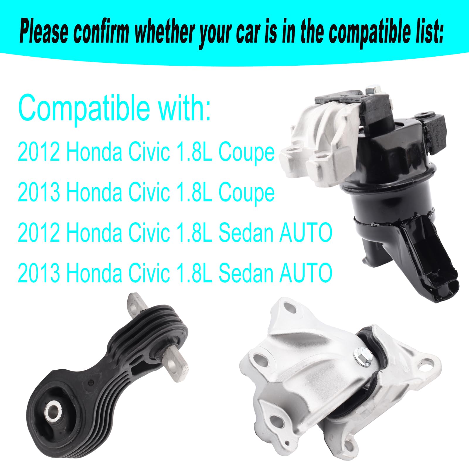 Set of 3 Engine Motor Mount & Trans Mount Compatible with 2012-2013 Honda Civic 1.8L Coupe/Sedan Replacement for A65048 A65021 A