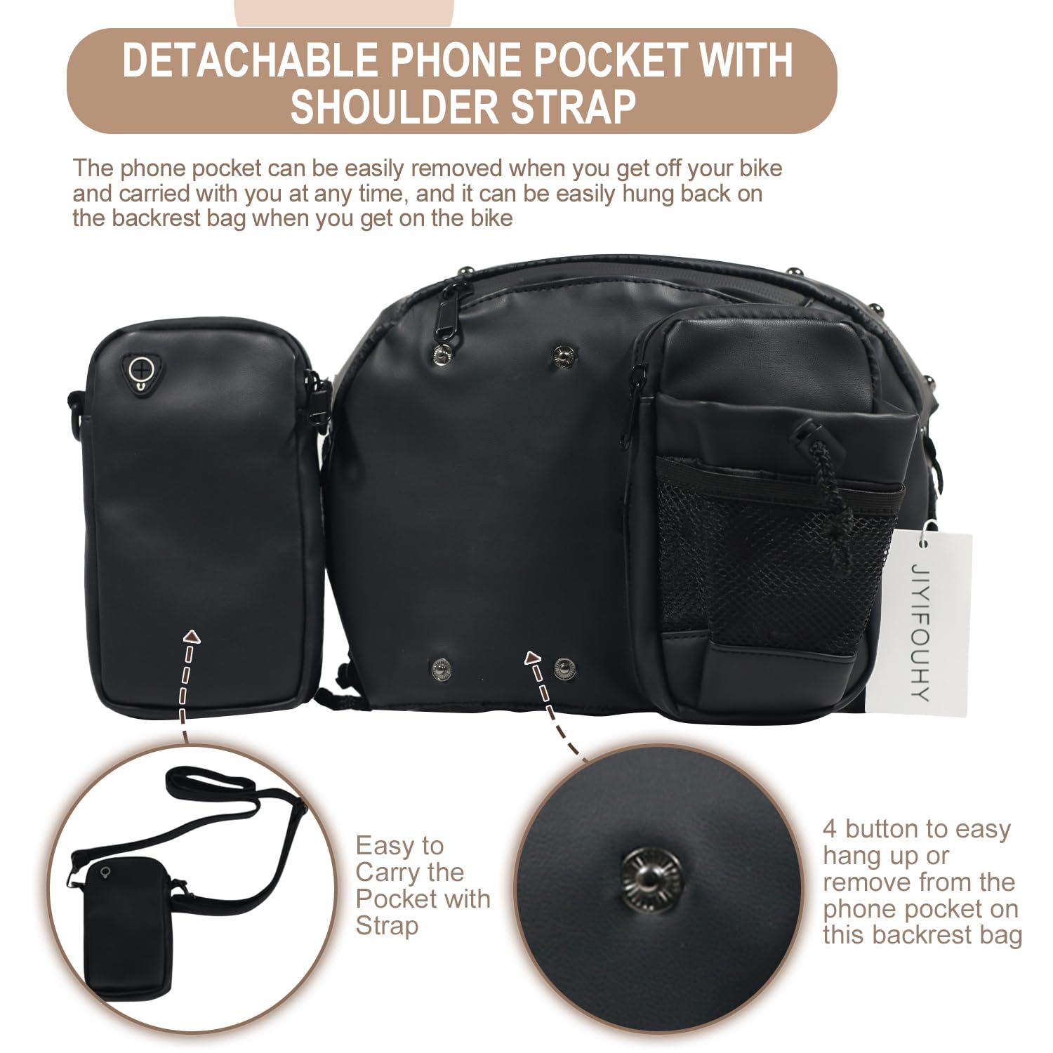 JIYIFOUHY Motorcycle Backrest Bag, Detachable Sissy Bar Organizer, Faux Leather, One Size, Black, Model JY5438032