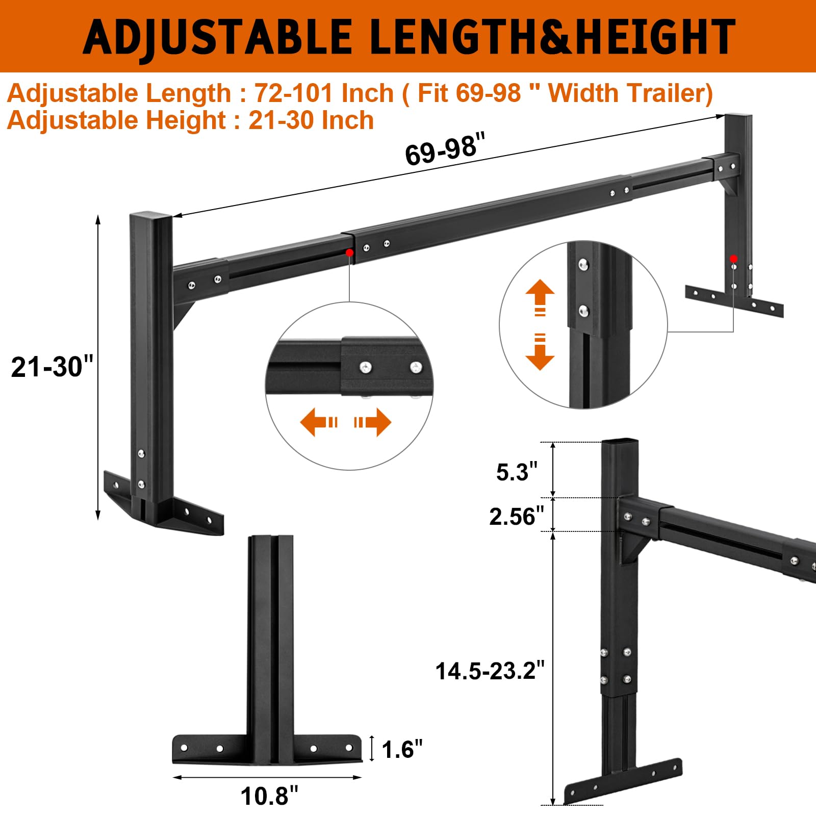 CIRONBOW Universal Aluminum Roof Ladder Racks, Cargo Box Trailer Ladder Rack with 2 Straps, Adjustable Length 6FT-8.2FT, 2 Bars