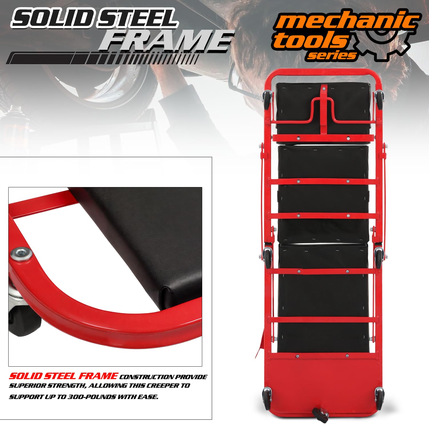 M-AUTO Heavy-Duty Convertible Mechanic Creeper & Seat, 48" Red, 2-in-1 Z-Creeper with Adjustable Headrest & 7 Swivel Casters