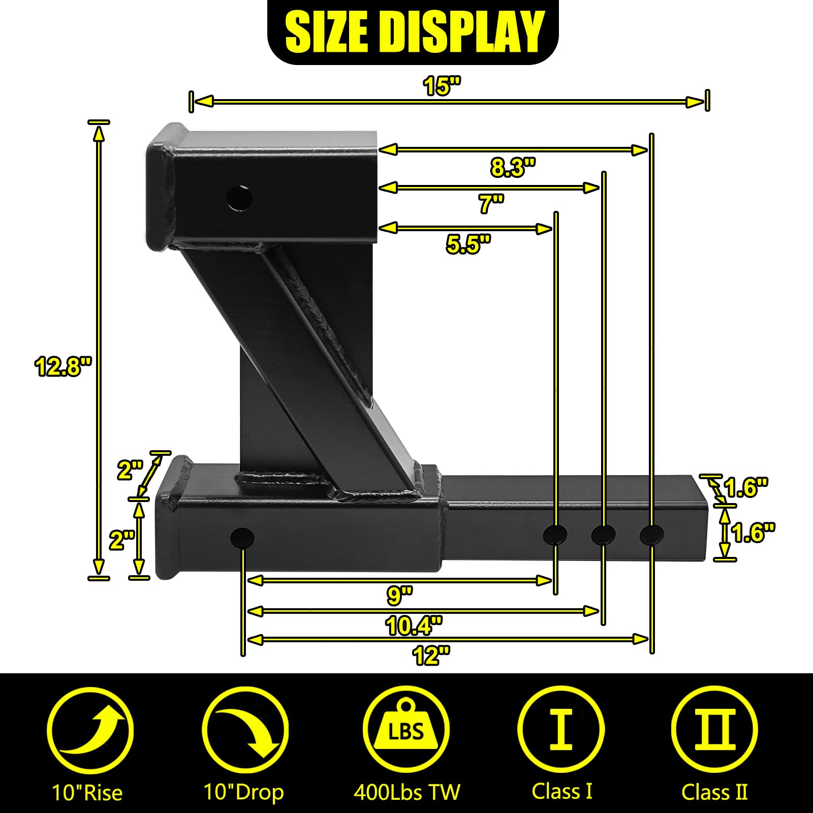 Kairay Double Hitch Receiver, 2 Inch Trailer Dual Hitch Extension Riser, Hitch Adapter Fits For 2 Inch Receiver Extender To 10 I