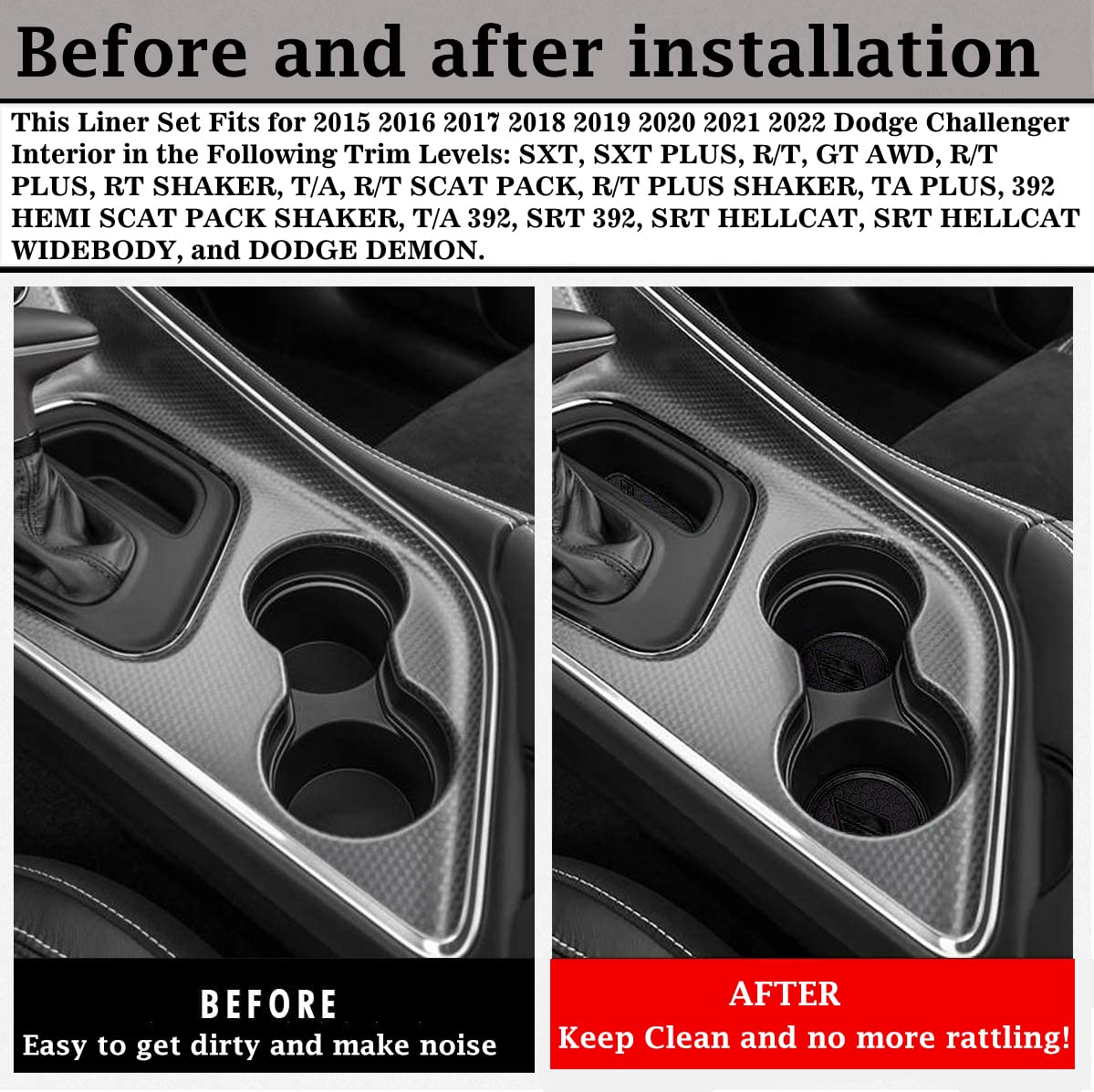 Auprite Anti-Slip Anti-Dust Mats For Challenger Accessories 2015 2016 2017 2018 2019 2020 2021 2022, Cup Holder Liners Mats Door Pocket Center Console Liners (Black/11Pcs)