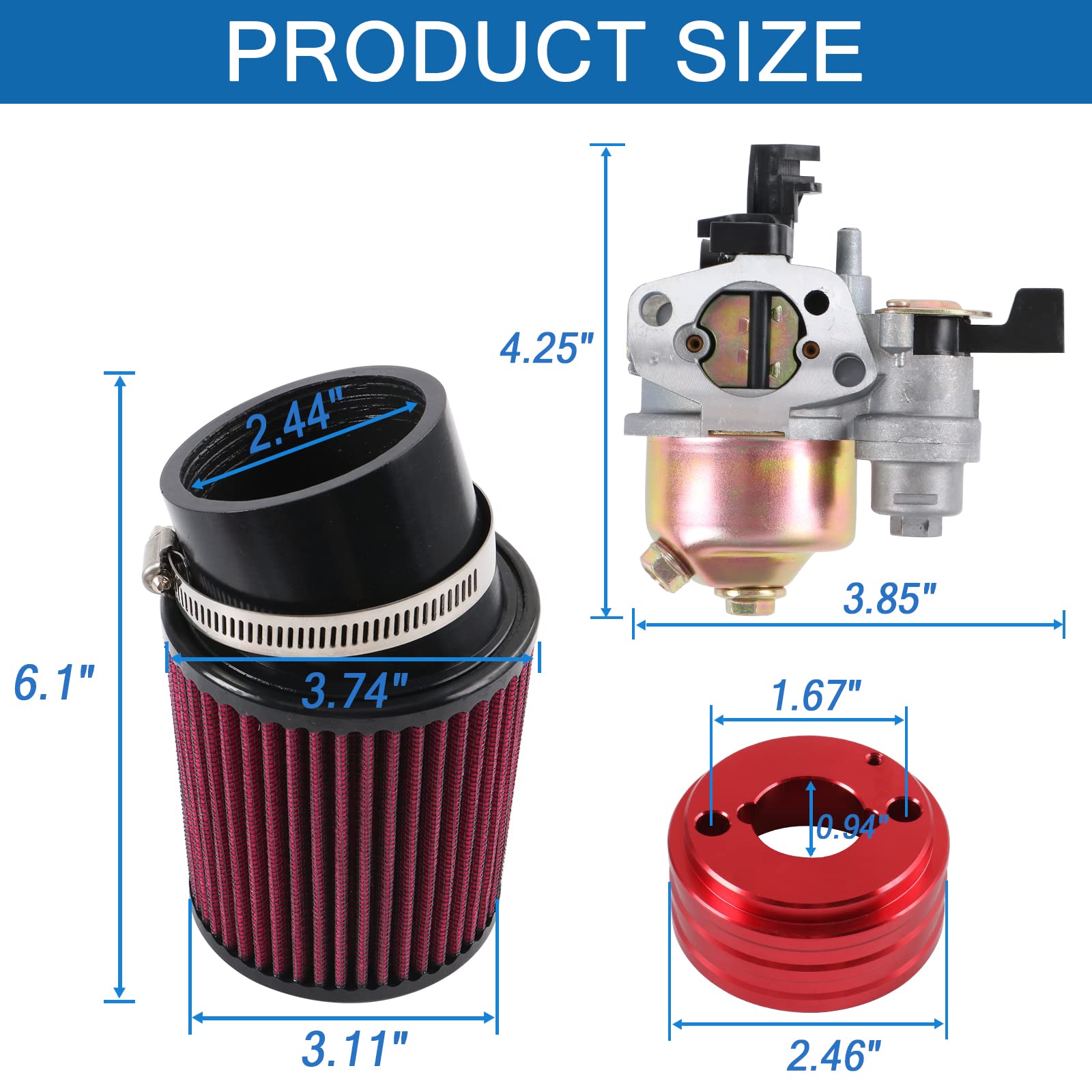 Carburetor Carb Air Filter Adapter Fuel Filter Jet Kit Replacement For Predator 212Cc 196Cc 6.5Hp Engine Coleman Ct200U Bt200X Ct200U-Ex Gx160 Mini Bike Go Kart Racing Red