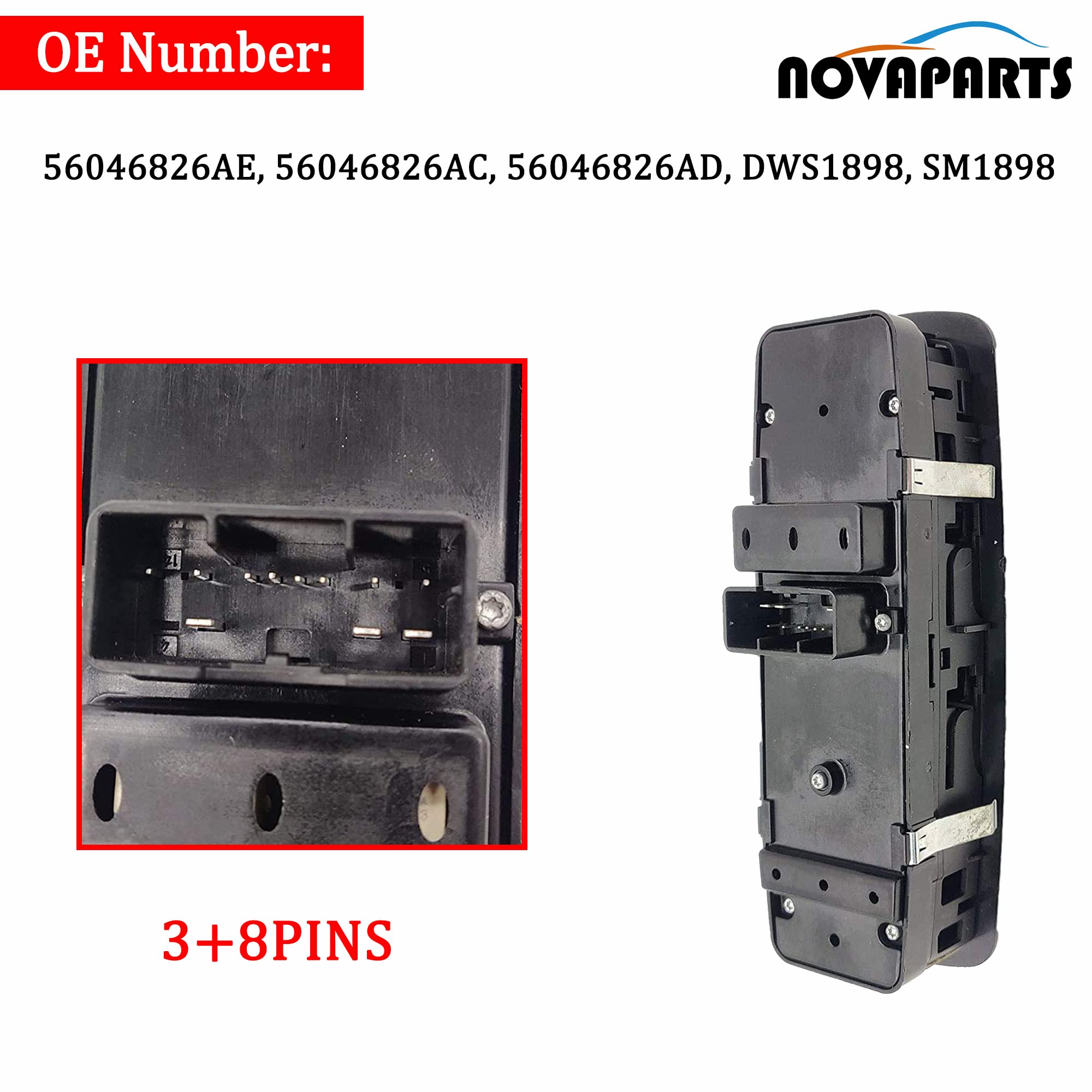 Novaparts 56046826Ae Power Window Switch For 2016-2018 Ram 1500 2500 3500 2019-2024 Ram 1500 Classic 2011-2012 Dodge Journey 56046826Ac 56046826Ad Driver Side Front Left (2 Auto, 3+8 Pins)