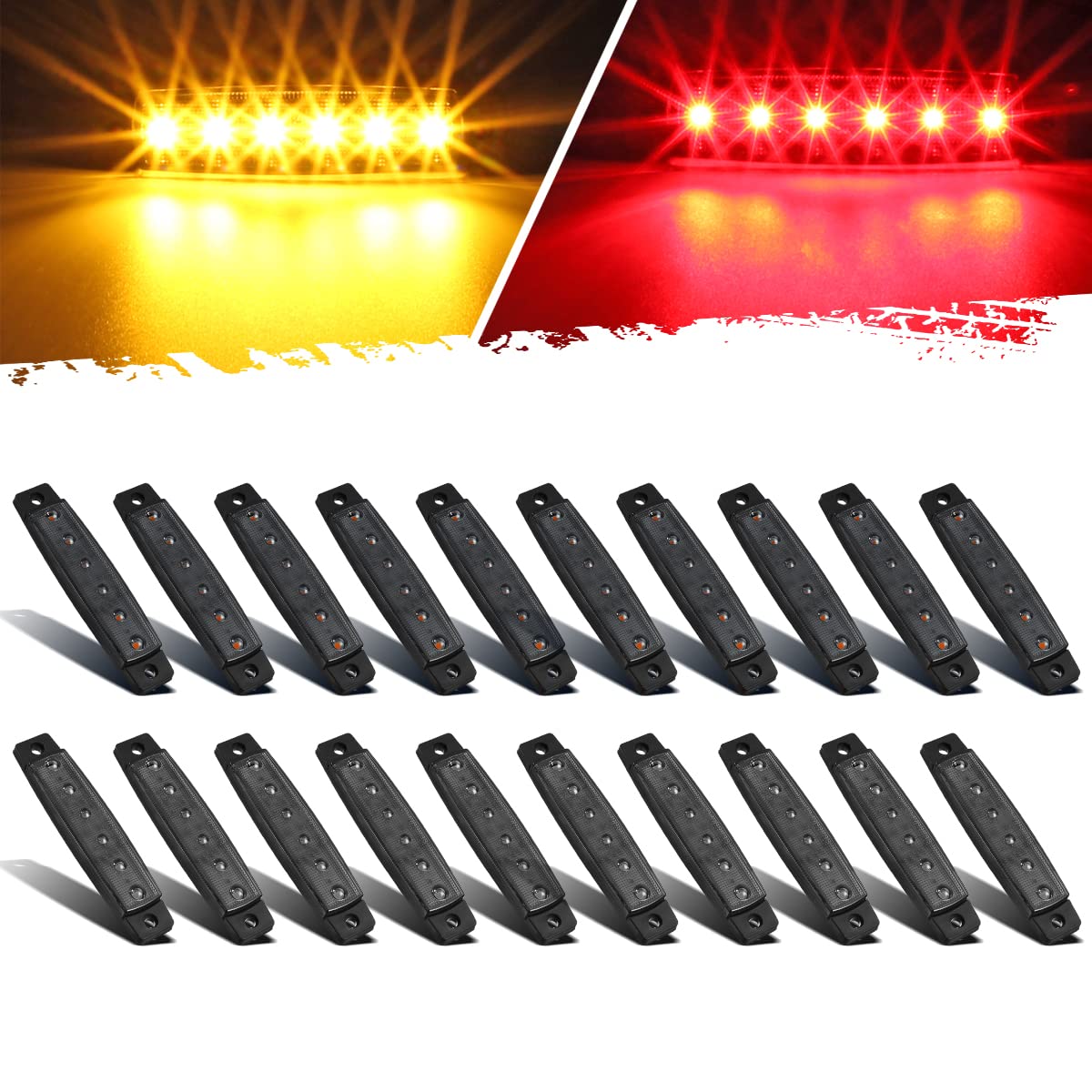 Partsam 20Pcs 3.8'' Thin Line Amber/Red Led Marker Clearance Lights Smoked Surface Mount Waterproof Led Utility Strip Lights For