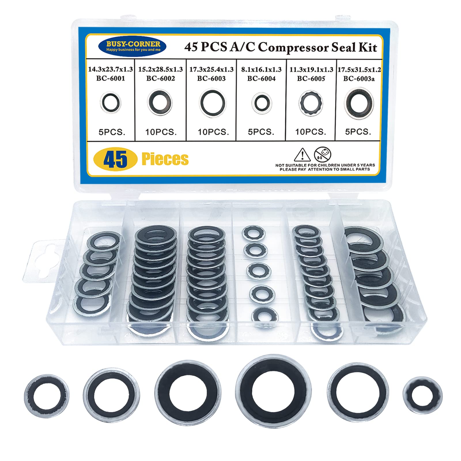 Air Conditioning Compressor Port Seal Washer Kit A/C Gasket Assortment 45 Pieces AC Compressor Washer Seals Bonded Seal Gasket A