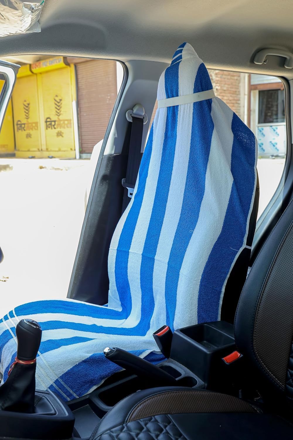 DRYHUG 100% Pure Cotton Car Seat Cover Towel, White Blue, Front Seat, Suitable for All Cars