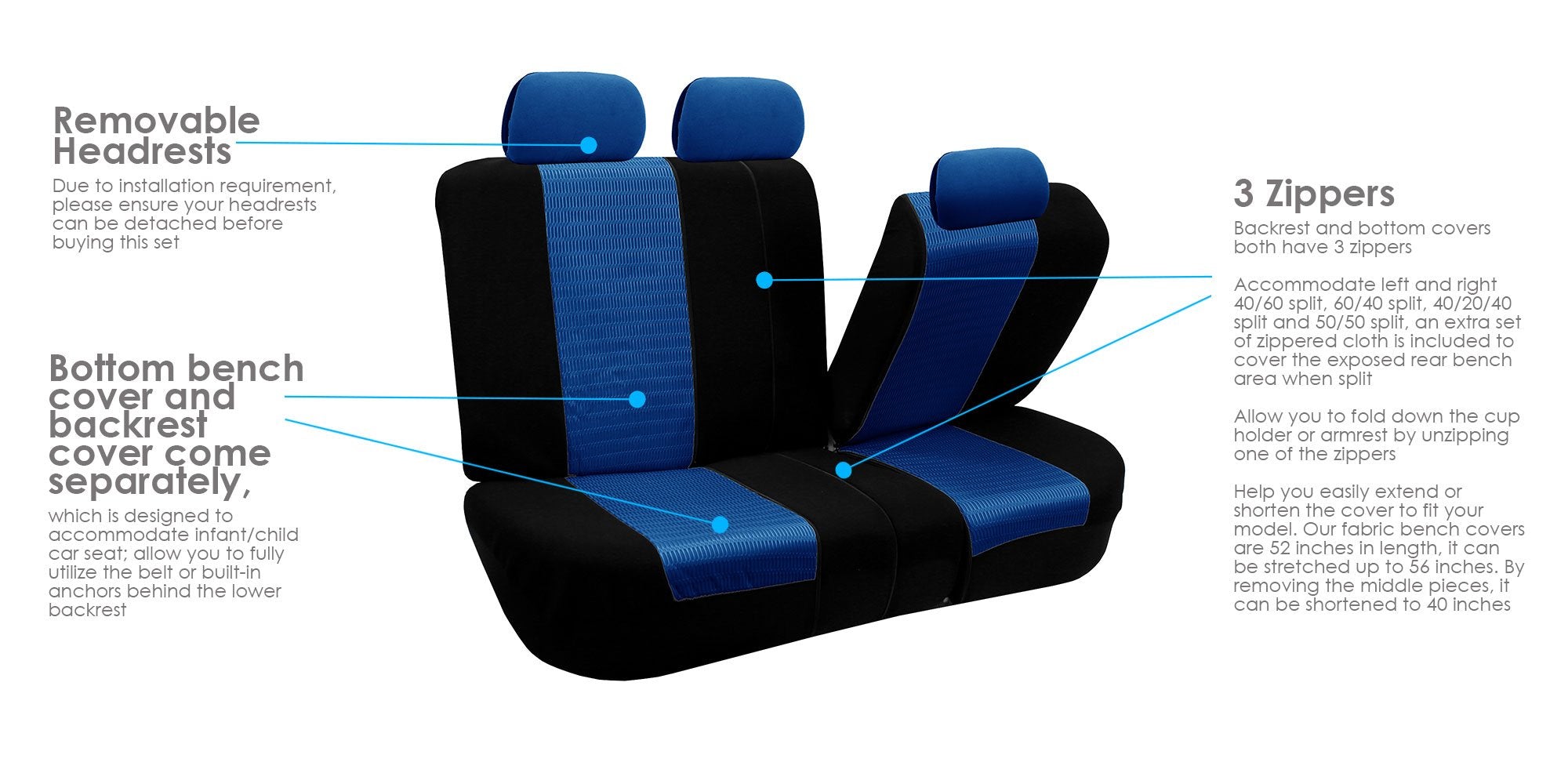 Fh Group Car Seat Covers Trendy Elegance Blue Full Set Automotive Seat Covers, Airbag And Split Rear Combo Non-Slip Dash Grip Pa