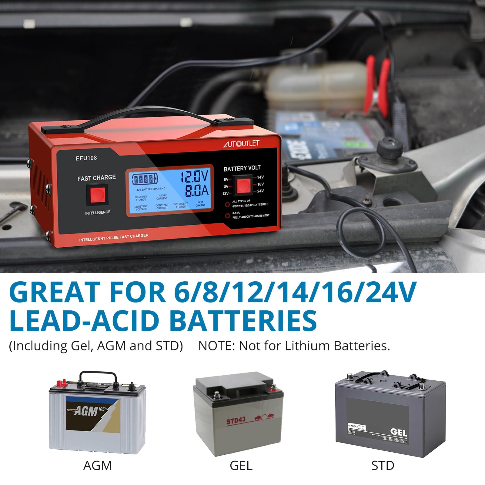 Autoutlet Upgraded 8 Volt Battery Charger For Golf Cart Automotive Battery Charger And Maintainer 0-10A With Cable Clamps For 6/