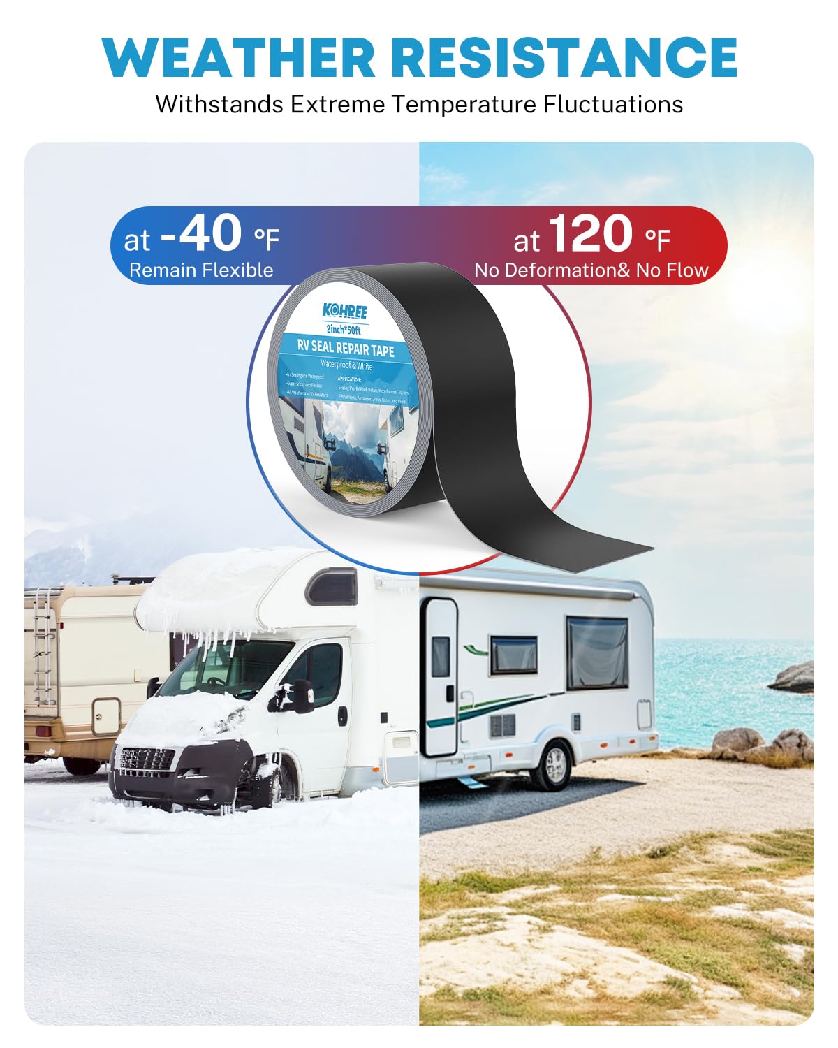 Kohree Rv Sealant Tape, 2 Inch X 50 Foot Rv Roof Tape Black, Uv & Weatherproof Butyl Sealant Roofing Tape For Rv Repair, Window,