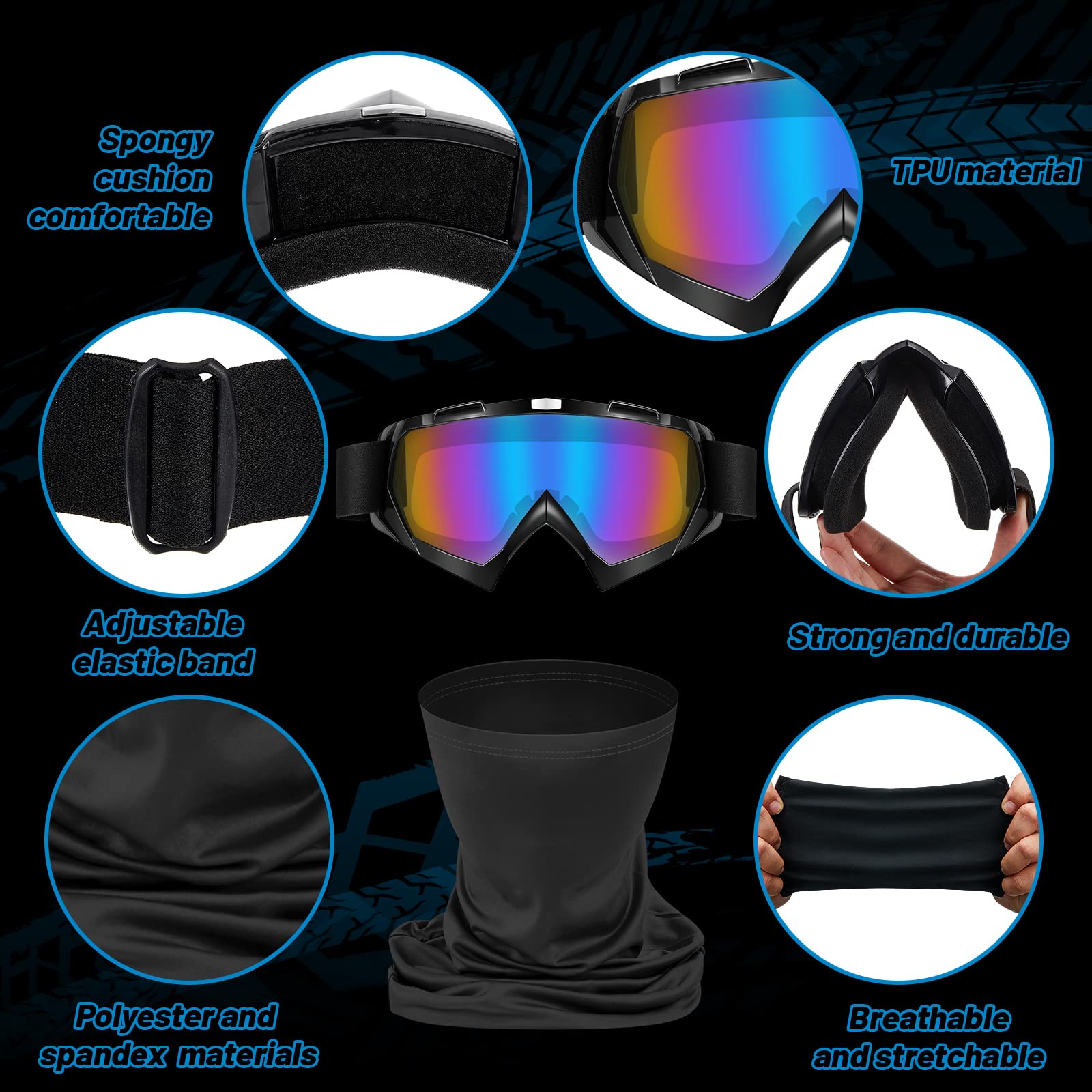 Tallew 4 Pcs Motorcycle Dirt Bike Goggles For Men Women Windproof Adjustable Atv Goggles And 4 Pcs Neck Breathable Face Cover(Bl