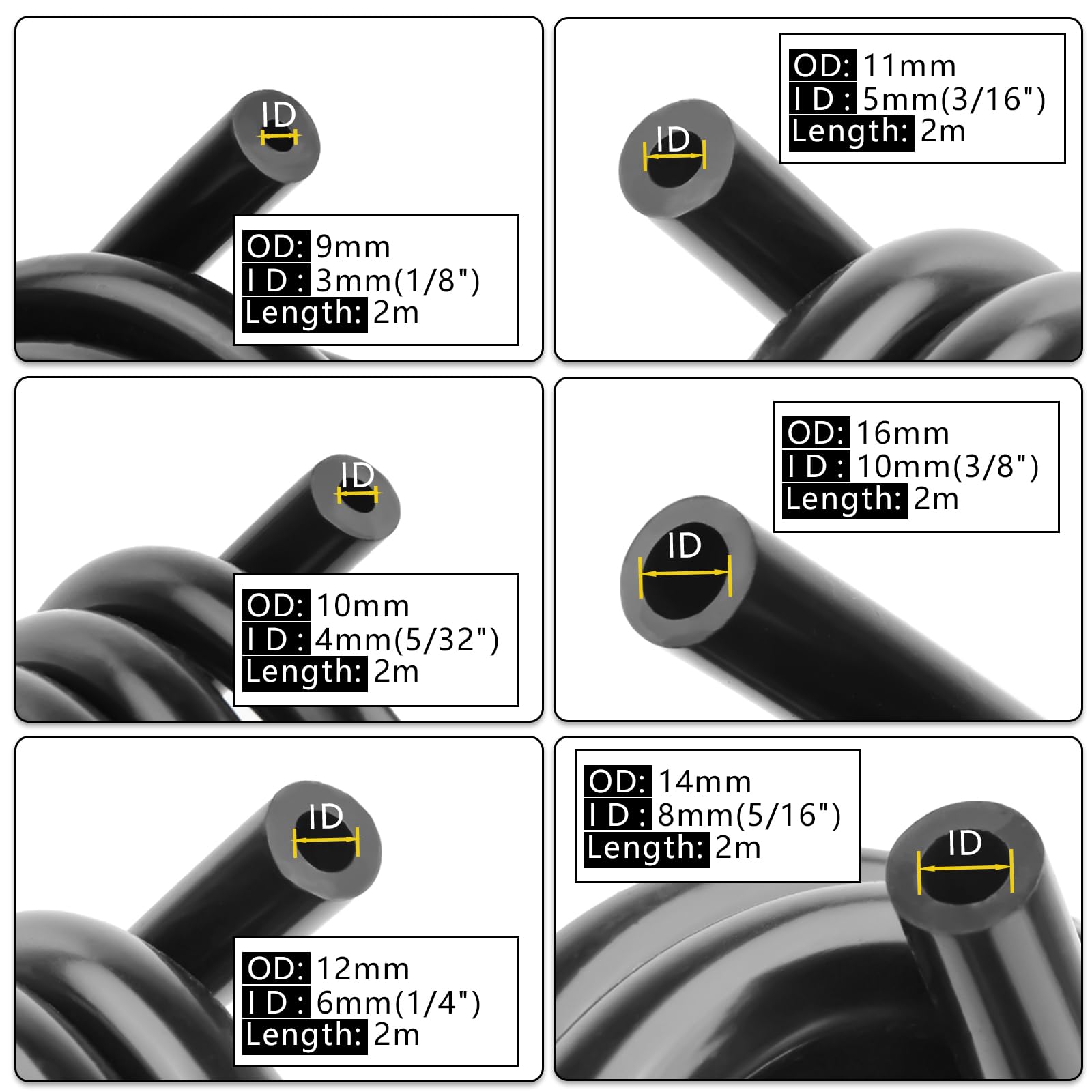 Shineyoo Silicone Vacuum Tubing Hose 6.6 Ft 6Pcs With Vacuum Connector 12 Sizes 128Pcs, 1/8'' 5/32'' 3/16'' 1/4'' 5/16'' 3/8'' I