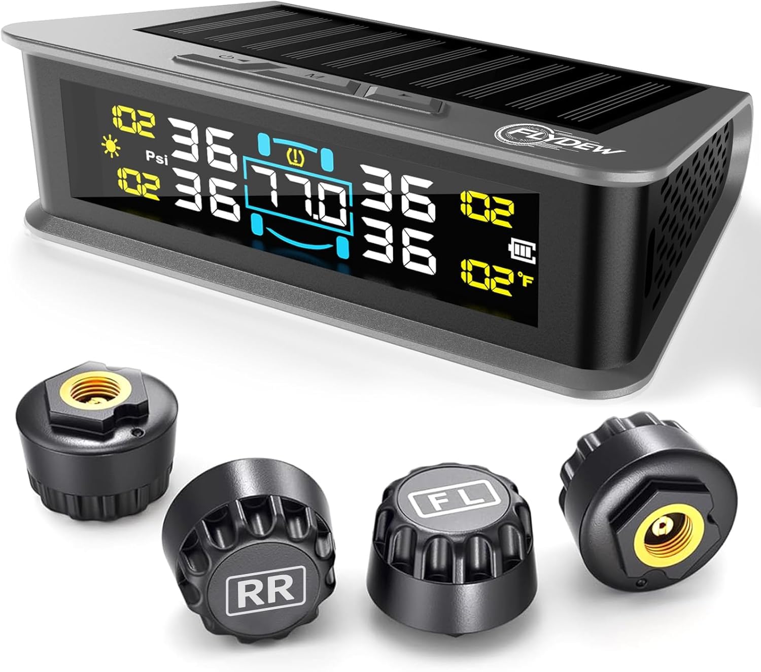 Flydew RV Tire Pressure Monitoring System (TPMS) - TPMS Sensors Set of 4 with 6 Alarm Modes | Solar/USB Charger | LCD Display | 