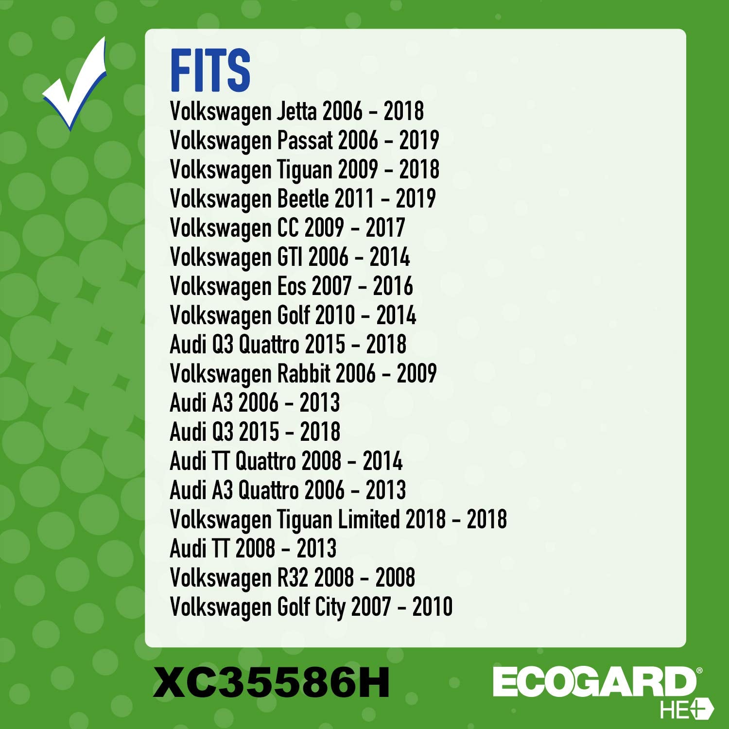 ECOGARD XC35586H High Efficiency Premium Cabin Air Filter + Baking Soda Fits VOLKSWAGEN JETTA 2006-2018, PASSAT 2006-2020, TIGUAN 2009-2018