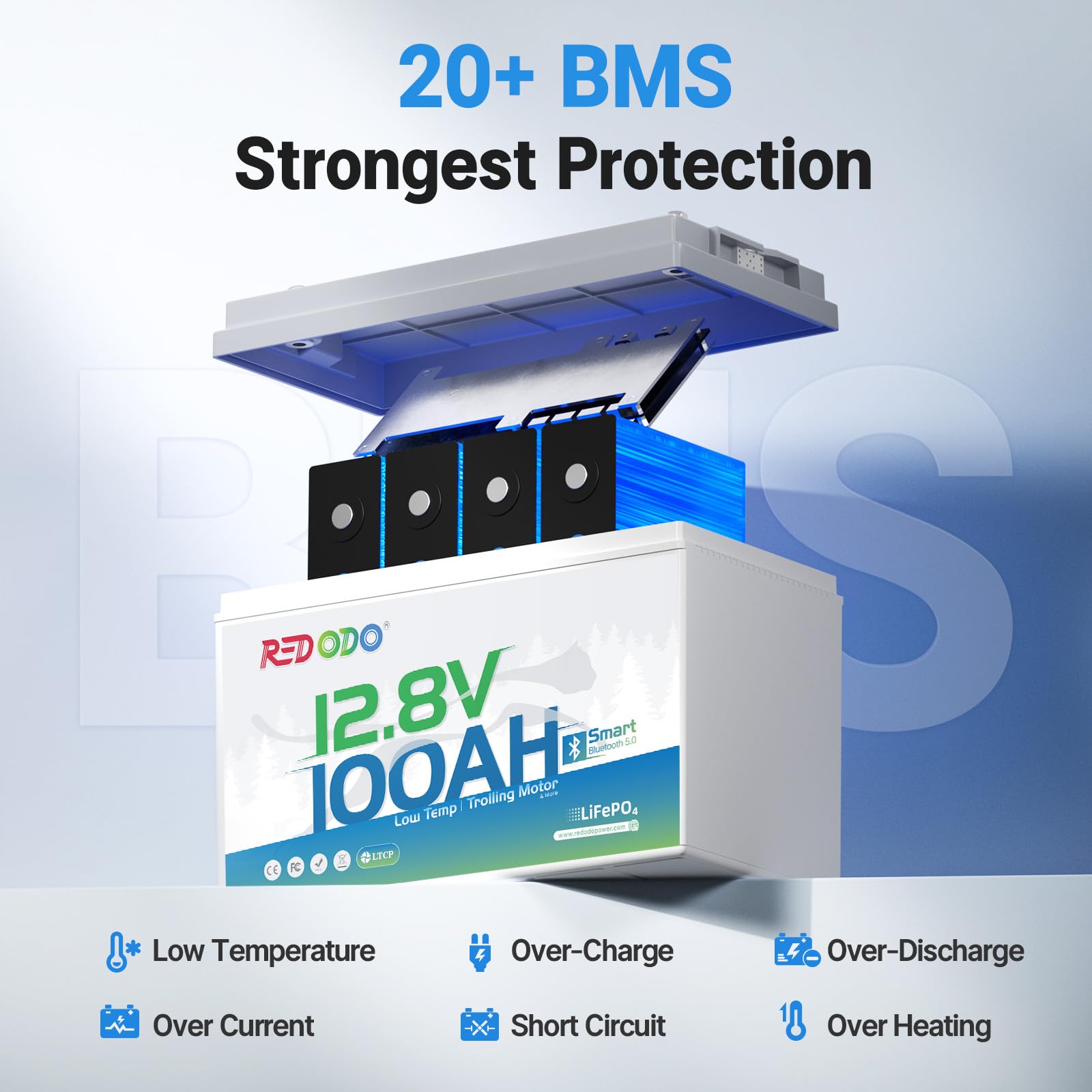 Redodo Smart Bluetooth 12V 100Ah LiFePO4 Battery with Remote Control & Low-Temp Protection for Marine, RV, Solar, Trolling Motor