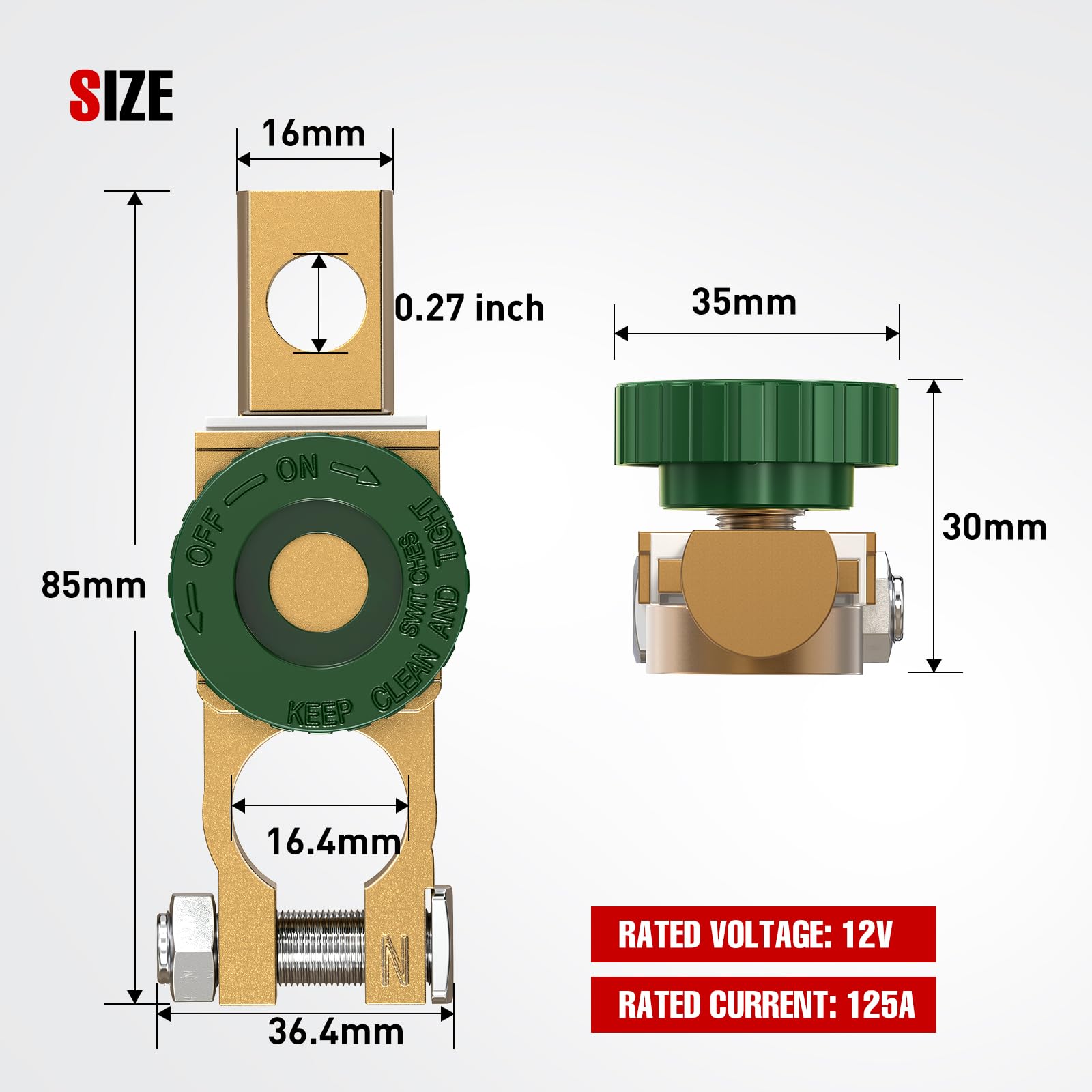 Nilight Top Post Battery Switch Heavy Duty 12Dvc 125A Negative Kill Power Master Cut Off Isolator With Green Knob Quick Disconne