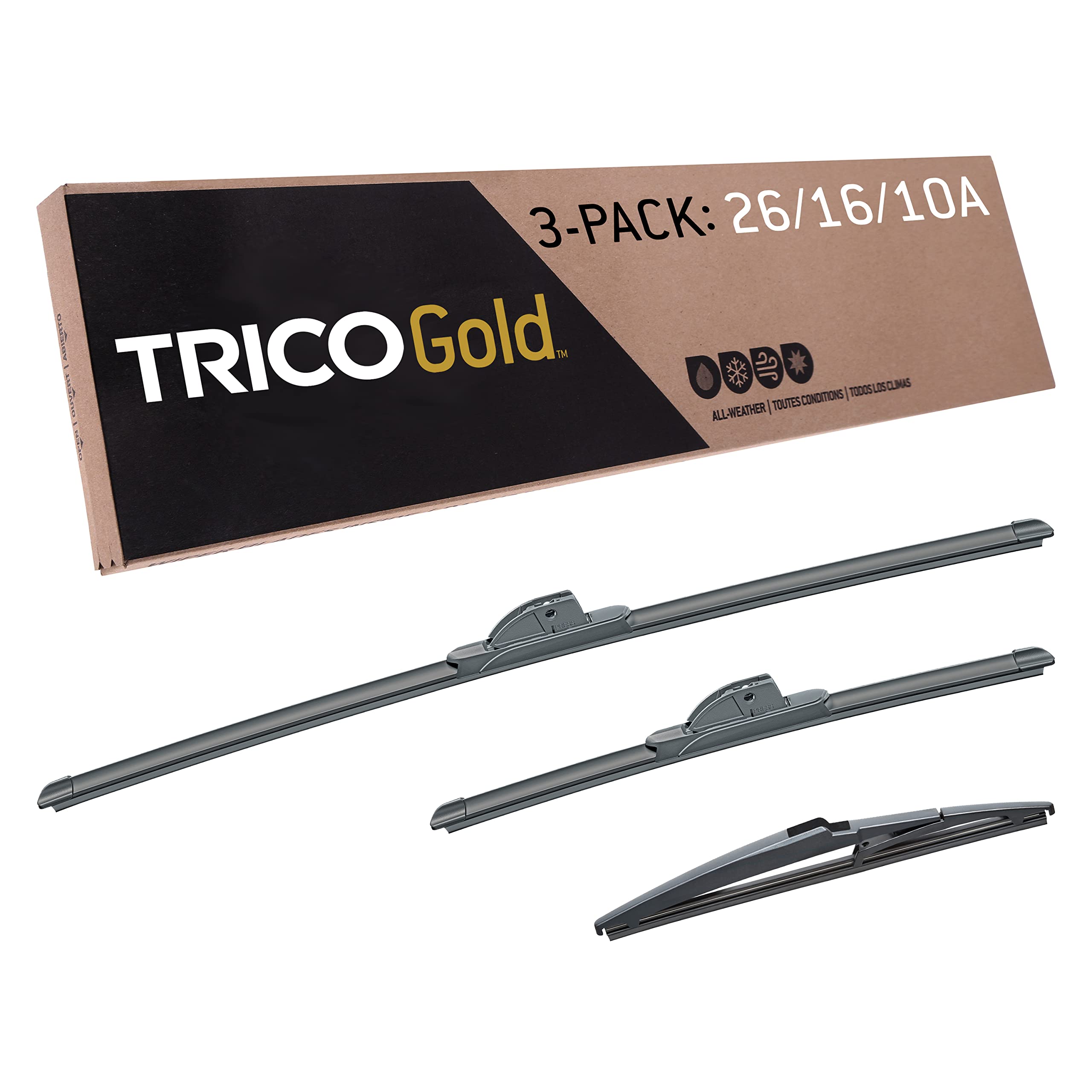 Trico Gold Driver/Passenger/Rear Kit Replacement Windshield Wipers Blades For 2013-2020 Toyota Rav4; Includes 26 Inch, 16 Inch, 