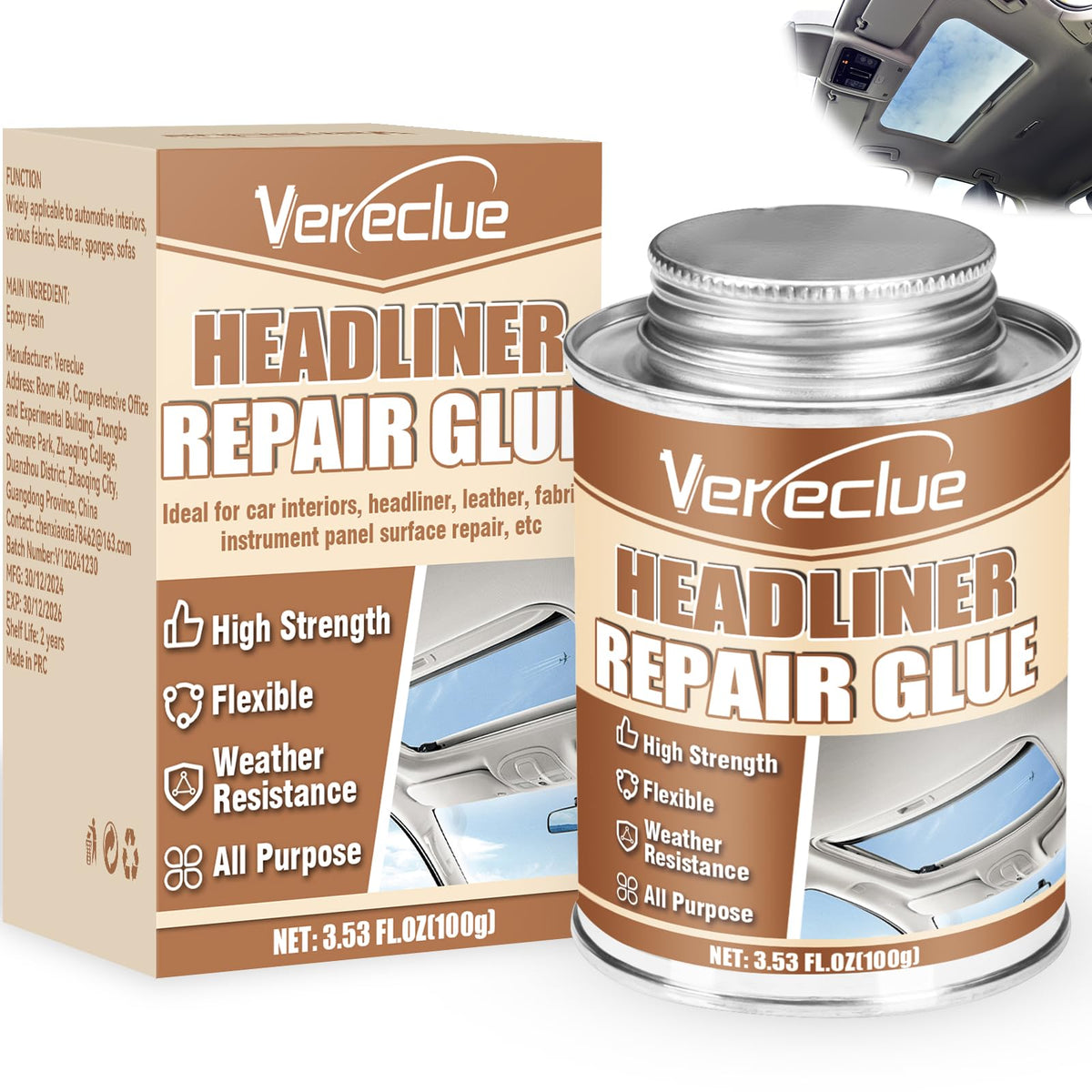 Headliner Repair Glue 100ml, Flexible Car Roof Liner Adhesive, Clear Upholstery Glue for Cars, with Brush, Suitable for Automoti