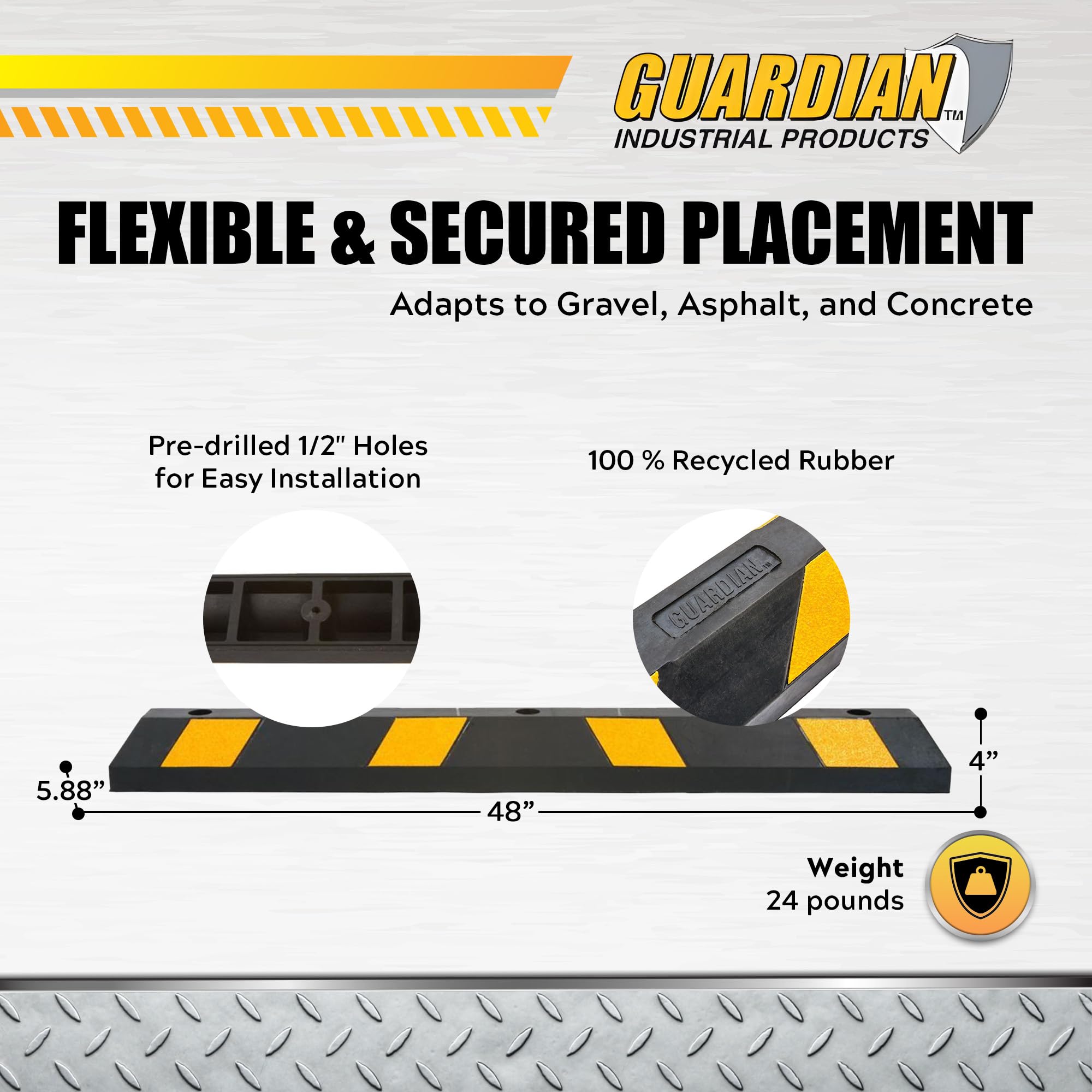 Guardian 4' Rubber Parking Curb With Mounting Holes Hi-Vis Yellow Uv-Resistant For Paved, Gravel Parking Lot 4'' H