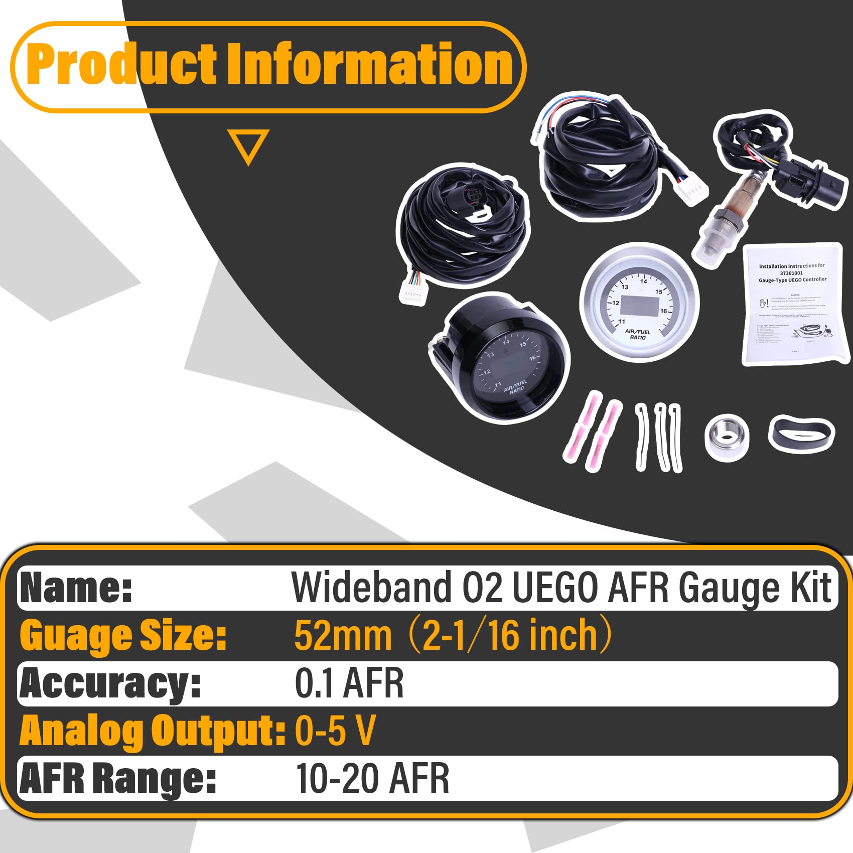 Wideband UEGO Air/Fuel Ratio Gauge 52mm (2-1/16   ) with 4.9 LSU Sensor, Digital AFR Controller Gauge, Wideband O2 Control Senso