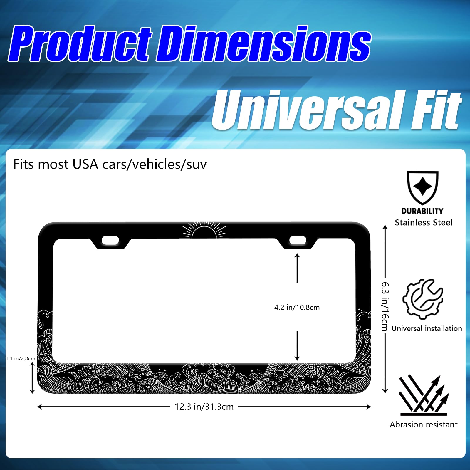 Abstract Ocean Waves License Plate Frames Big Sun Traditional Wave License Plate Holder for Car Decor Parts Stainless Steel Lice