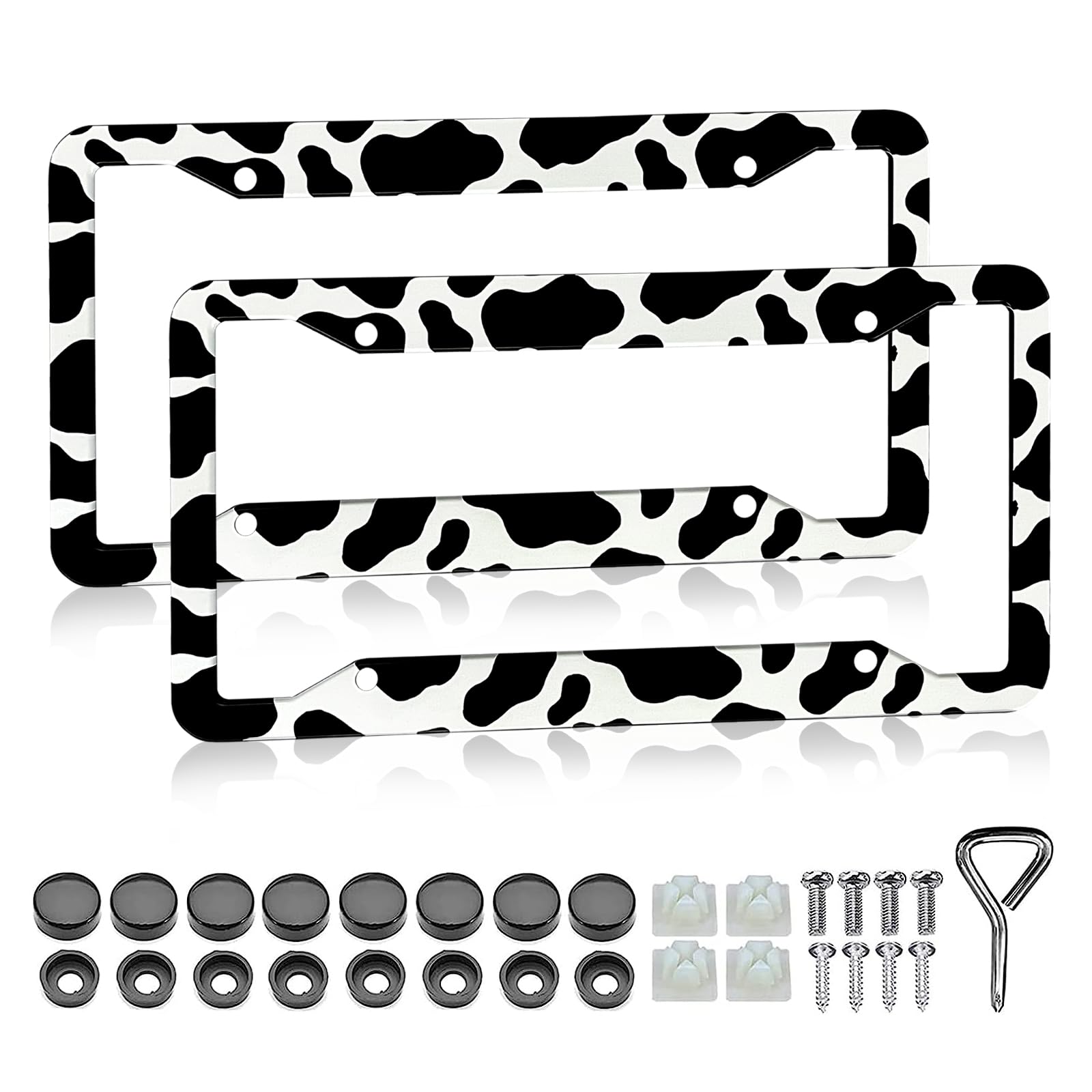 Cow Print License Plate Frame - 2 Pack Cute Animal Cow White Black Spot Tags Frames Holder Covers, Car Decorative Tag Frames for