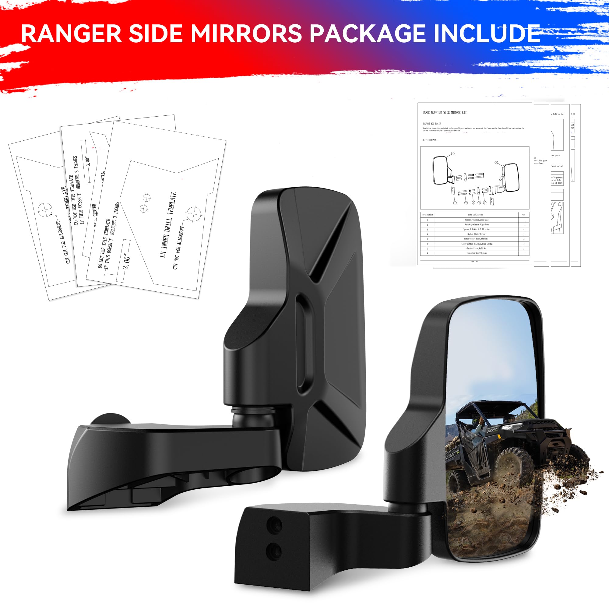Ranger Side Rear View Mirrors Full-Door Mounted, GEVINFA UTV Side Mirrors for Polaris Ranger Door Compatible With 2018-24 Polari