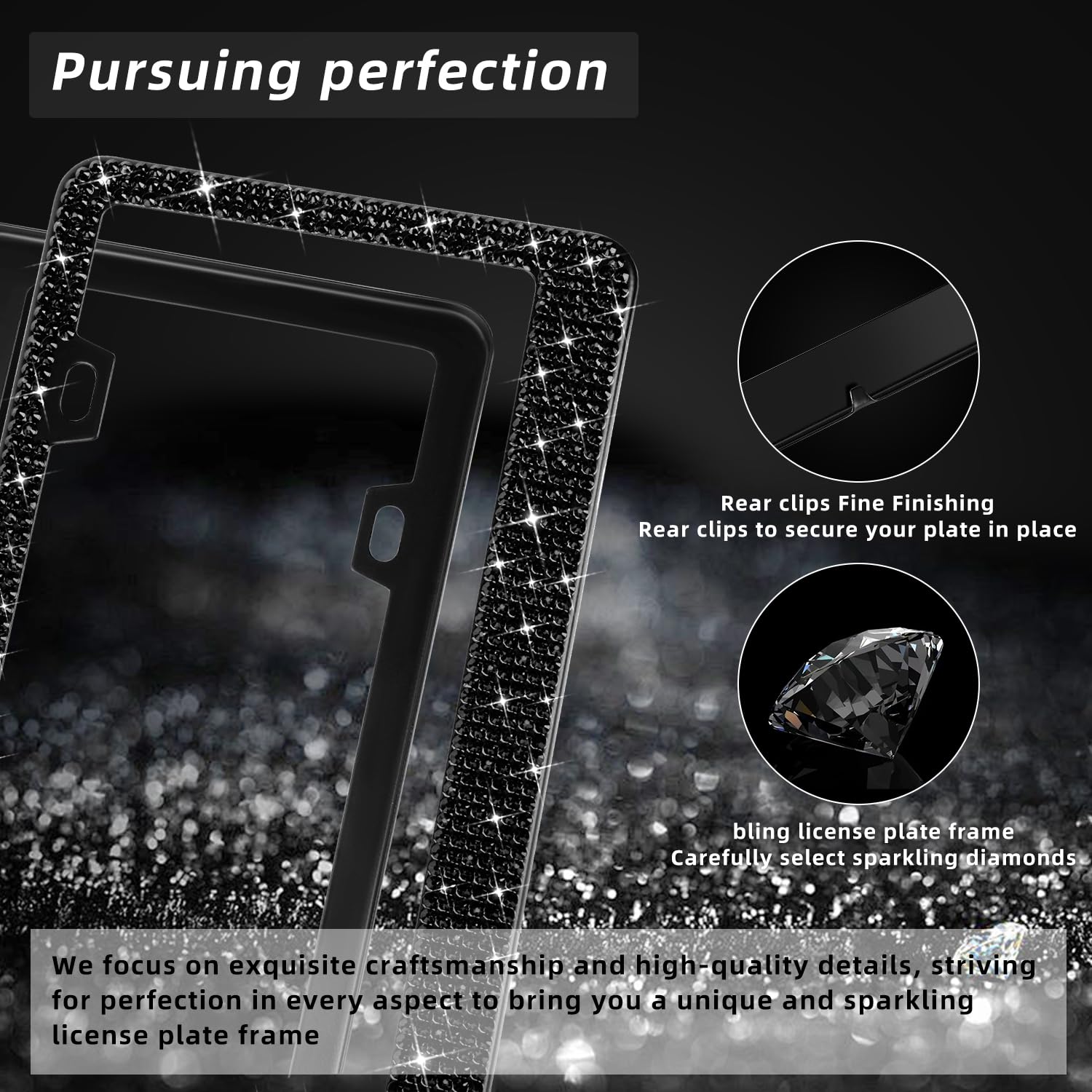Oklpf Bling License Plate Frame For Women, 2Pcs Sparkly License Plate Frames| Over 1200 Pcs14 Facets Bedazzled Clear Glass Diamo