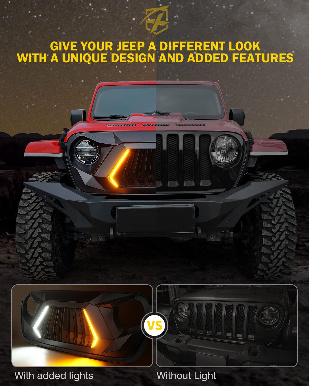 Xprite Front Grill W/Led Light Include Running, Turn Signals, Unique Patented Design Compatible With 2018-2025 Jeep Wrangler Jl