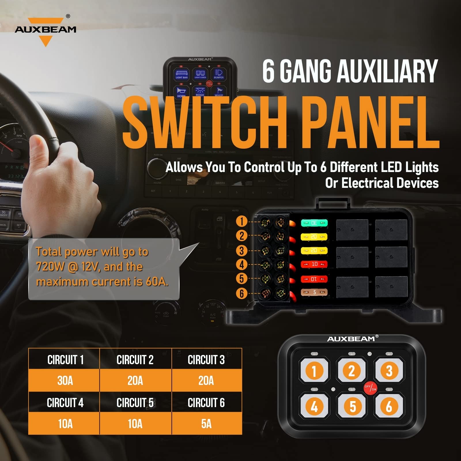 Auxbeam 6 Gang Switch Panel Bc60 Universal Circuit Control Relay System Automatic Dimmable Led Switch Pod Touch Control Panel Sw