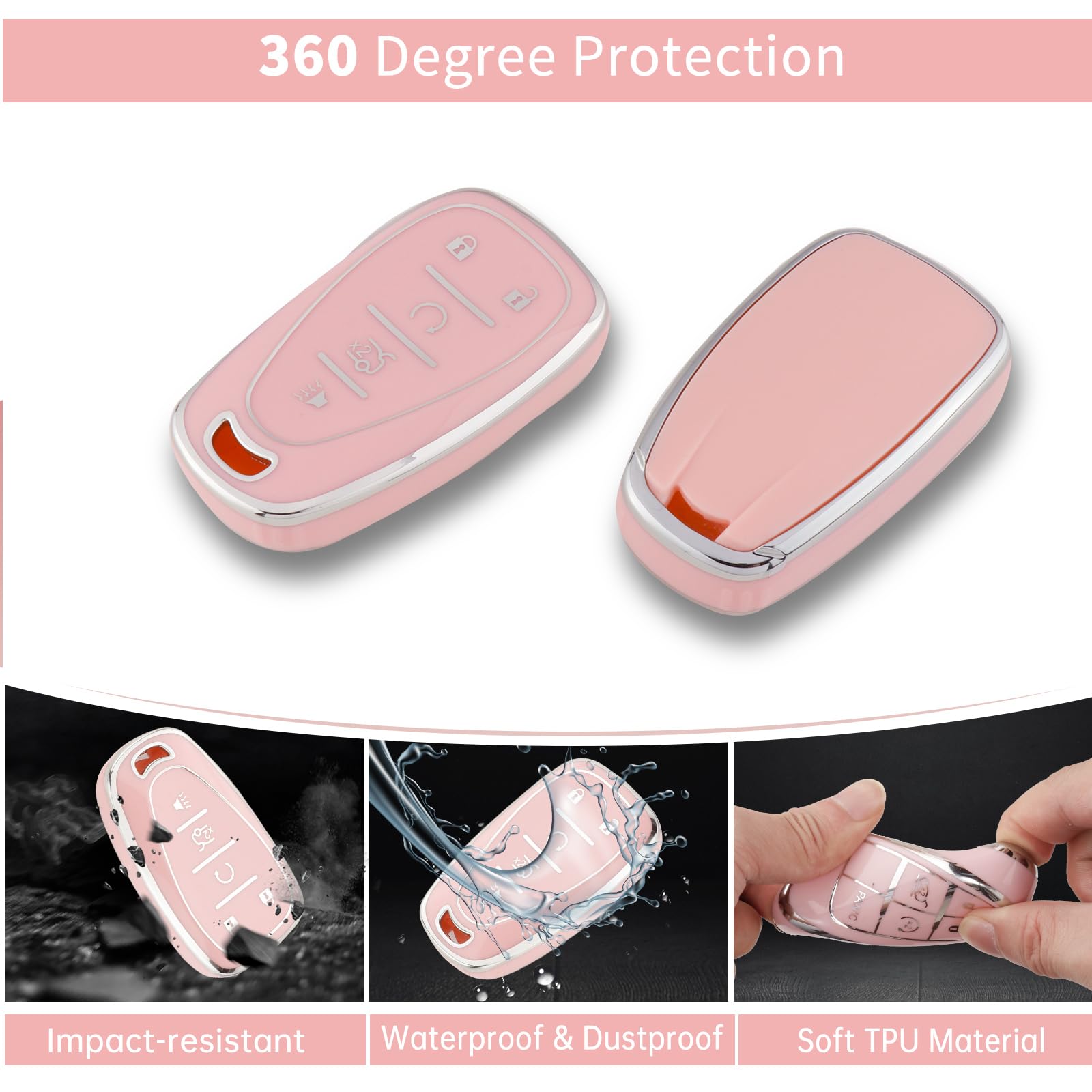 Pangpai Pink Car Accessories 3 Pcs For 5 Buttons Chevy Chevrolet Equinox Malibu Camaro Traverse Key Fob Cover With Bling Keychai