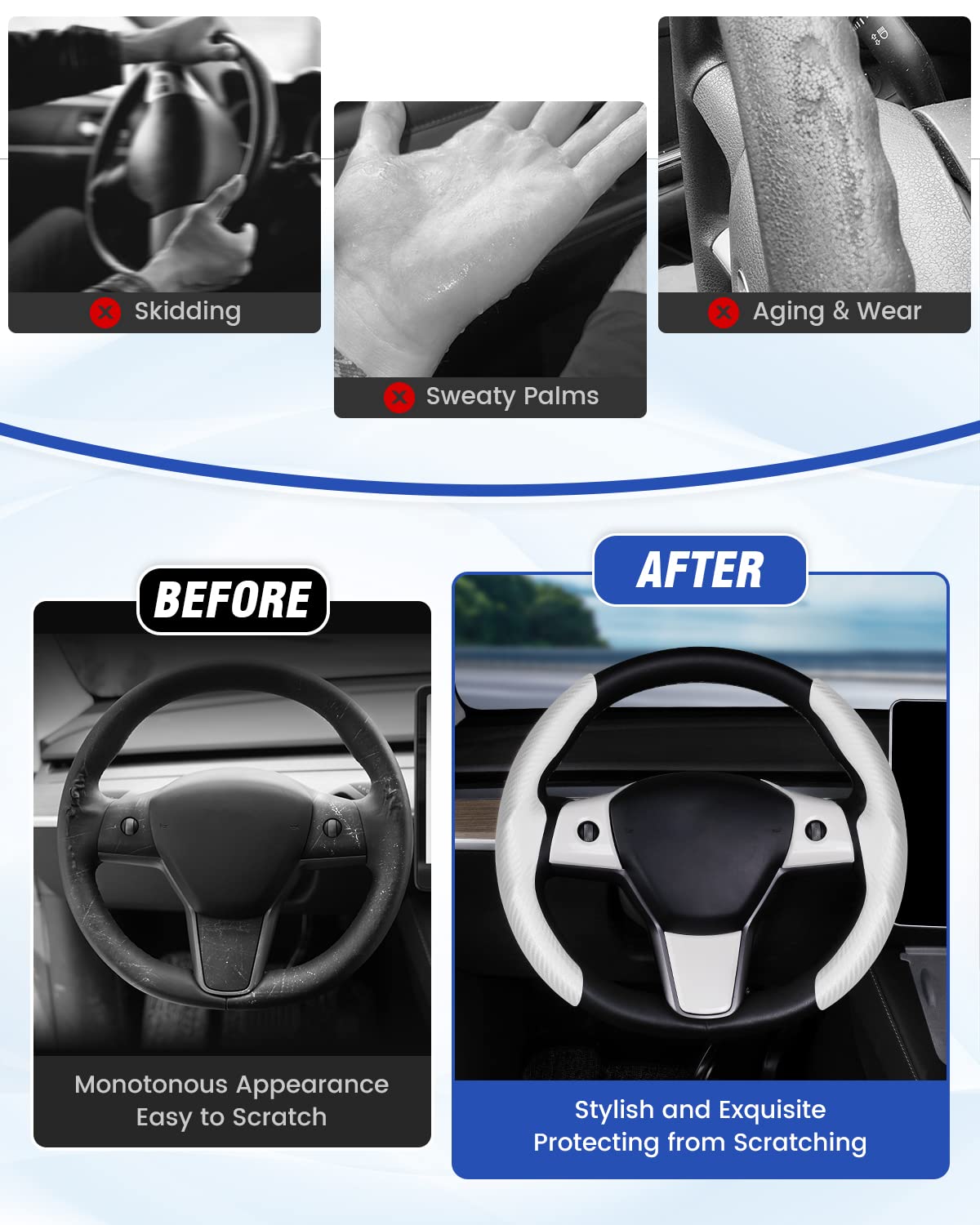 Canvcle Steering Wheel Cover For Tesla Model 3/ Model Y Carbon Fiber Steering Wheel Wrap Kit Anti-Slip Steering Wheel Trim Prote