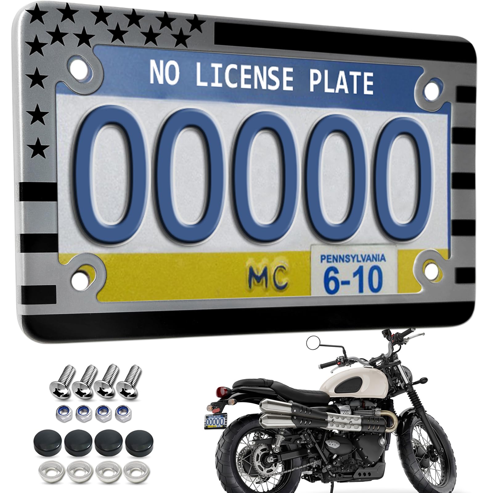 ZXFOOG Motorcycle License Plate Frame American Flag, Stainless Steel Black Tag Holder Bracket with Screws Nuts Caps, 1 Pack for 