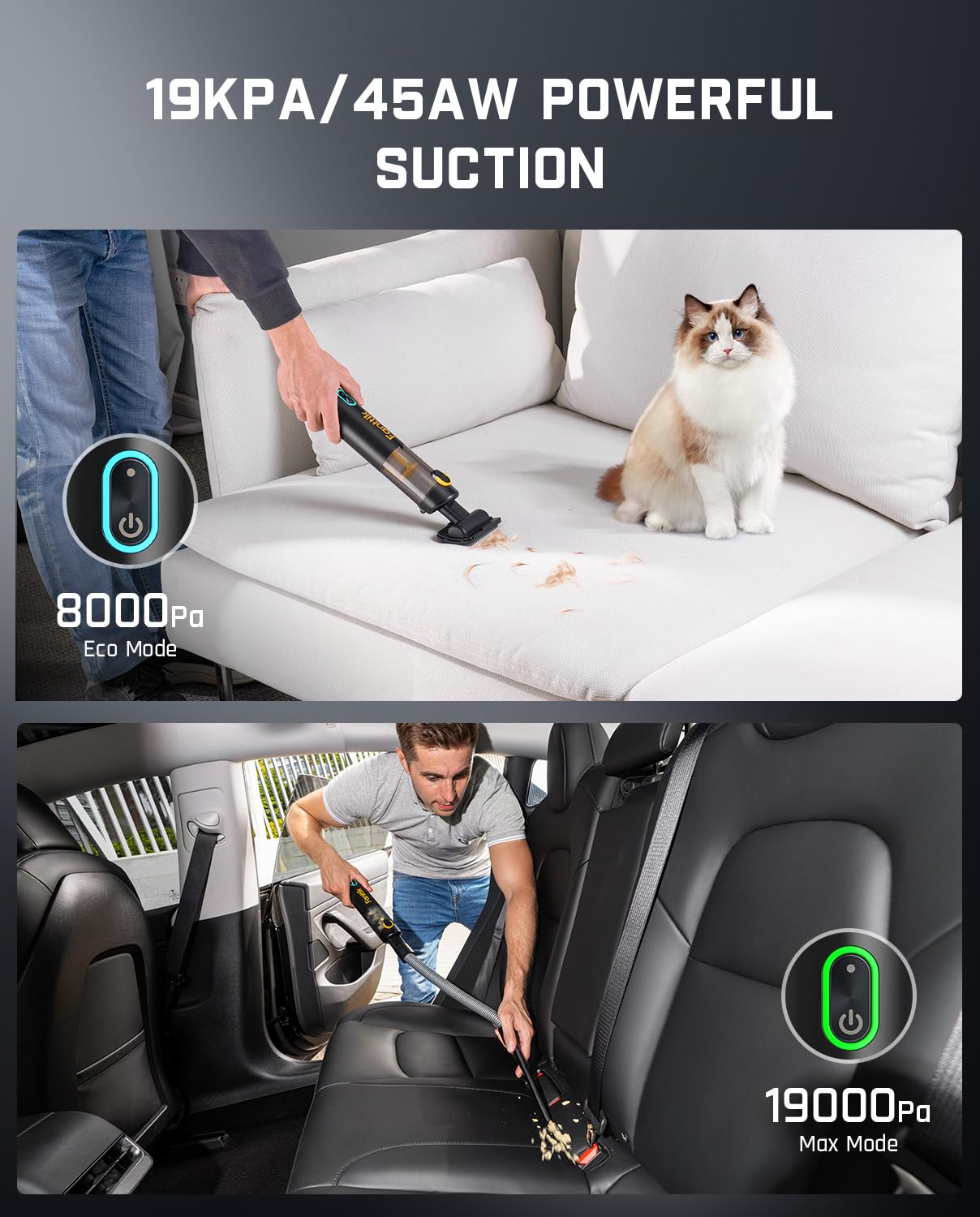 Fanttik V8 Apex Cordless Car Vacuum - 19000pa Suction, Type-C Charge, 4-in-1, Portable, Handheld, Black