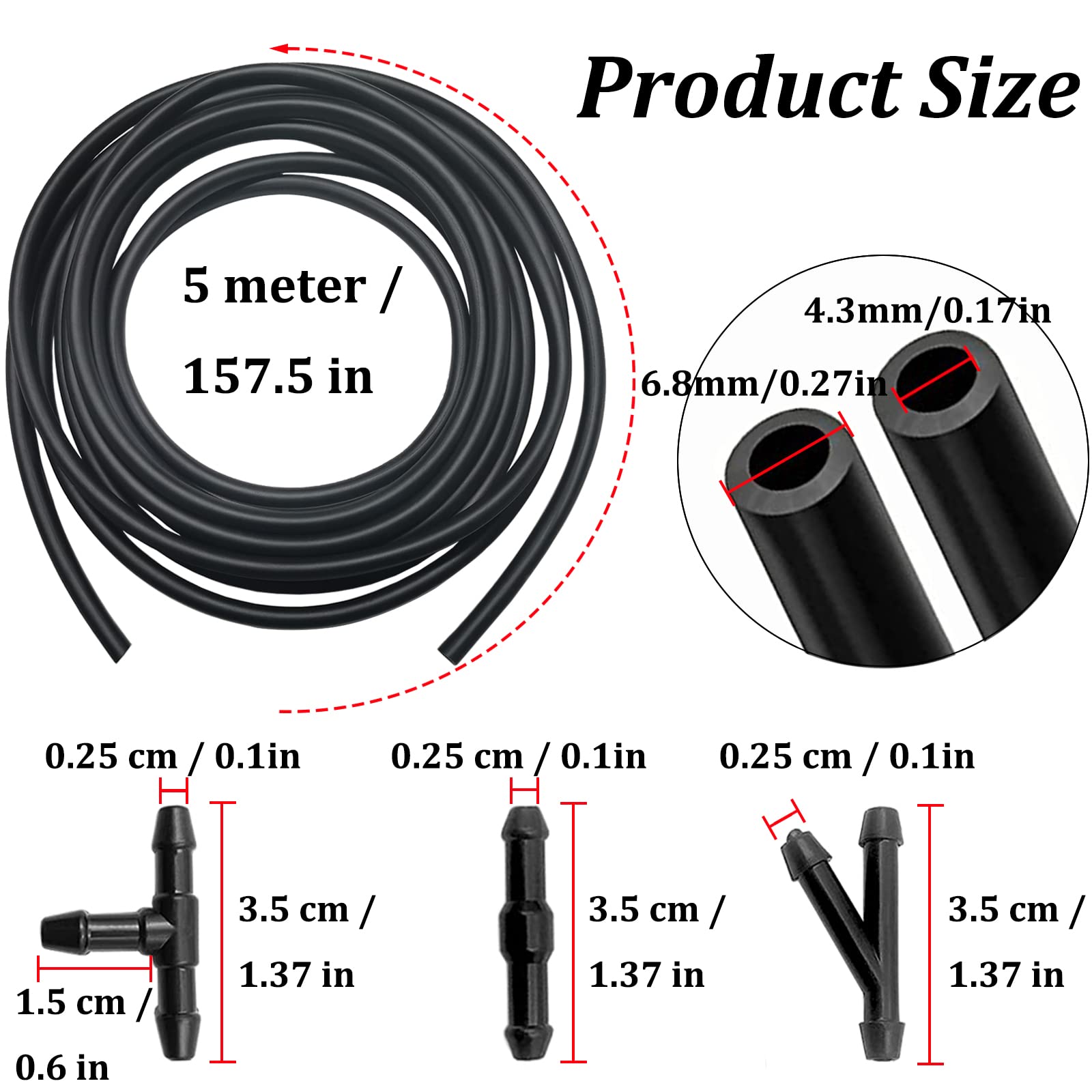 Windshield Washer Hose Kit - Includes 4 Meter Washer Fluid Hose & 12 Pcs Hose Connectors, Compatible With Most Vehicle Windshield Washer Nozzle Installation, For Connecting Car Water Pumps And Nozzles