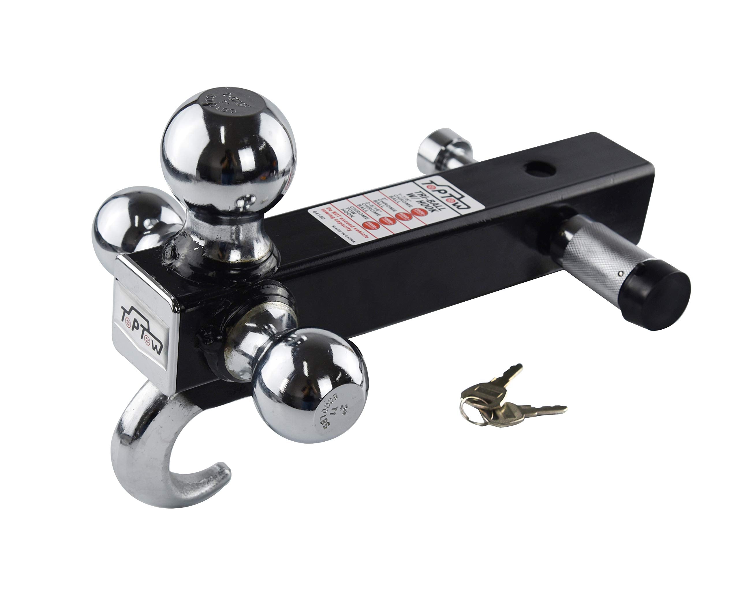 Toptow 64180L Trailer Receiver Hitch Triple Ball Mount With Hook, Fits For 2 Inch Receiver, Chrome Balls, 2 Inch Shank, With 5/8 Inch Lock