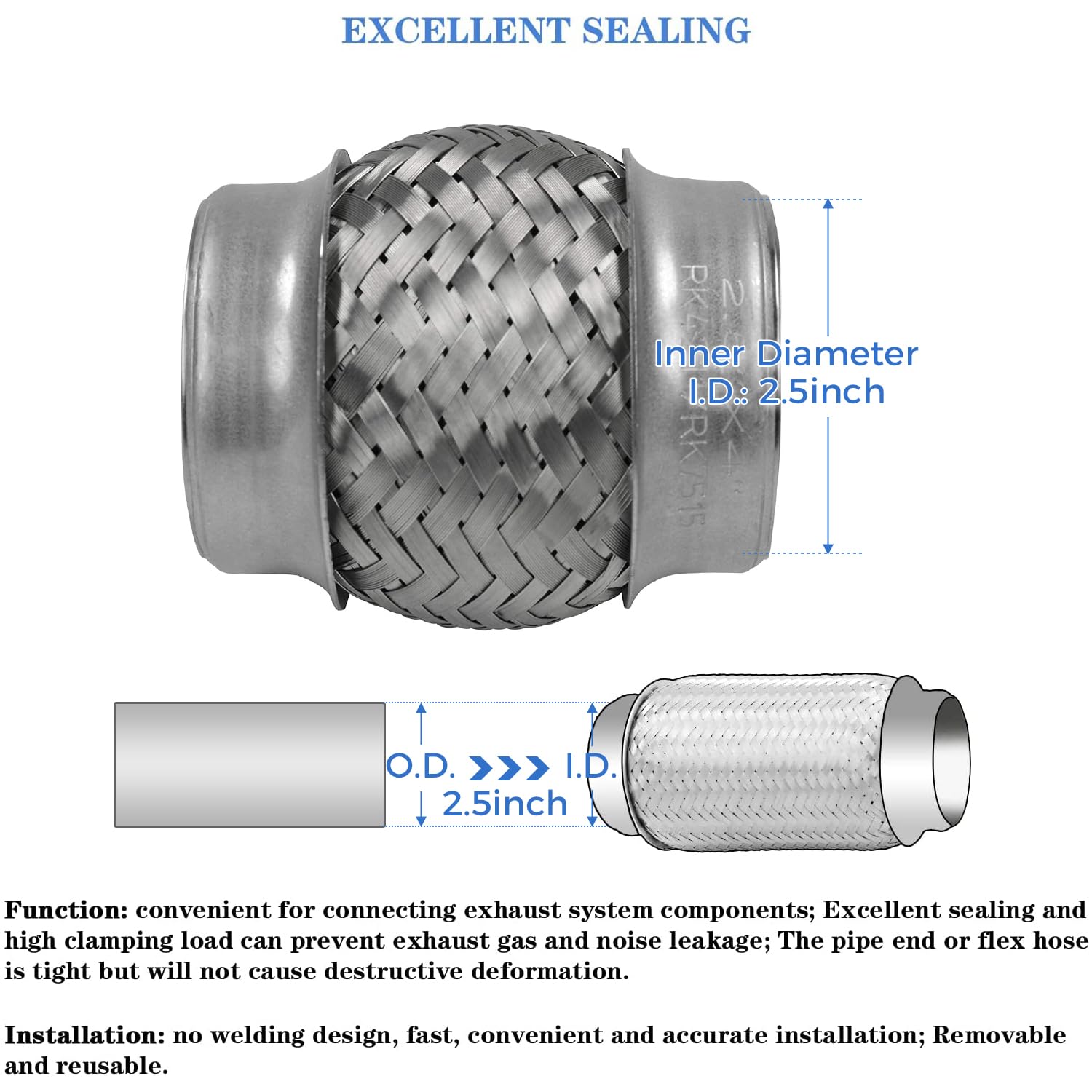 Rp Remarkable Power, 2 Pack 2.5 Inch Inlet Exhaust Flex Pipe,2.5 Id X 4 Length Flexible Tube,Stainless Steel Double Braid Heavy