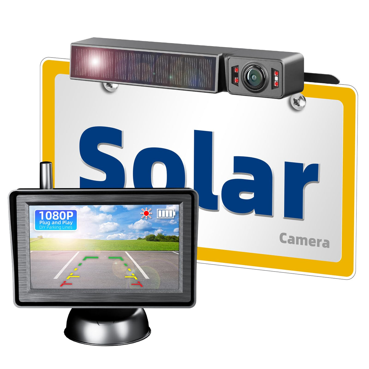 Solar Wireless Backup Camera With Ir Night Vision, 3 Mins No Wires Install, Equip With 5'' Hd 1080P Monitor, Ip69K Waterproof Re