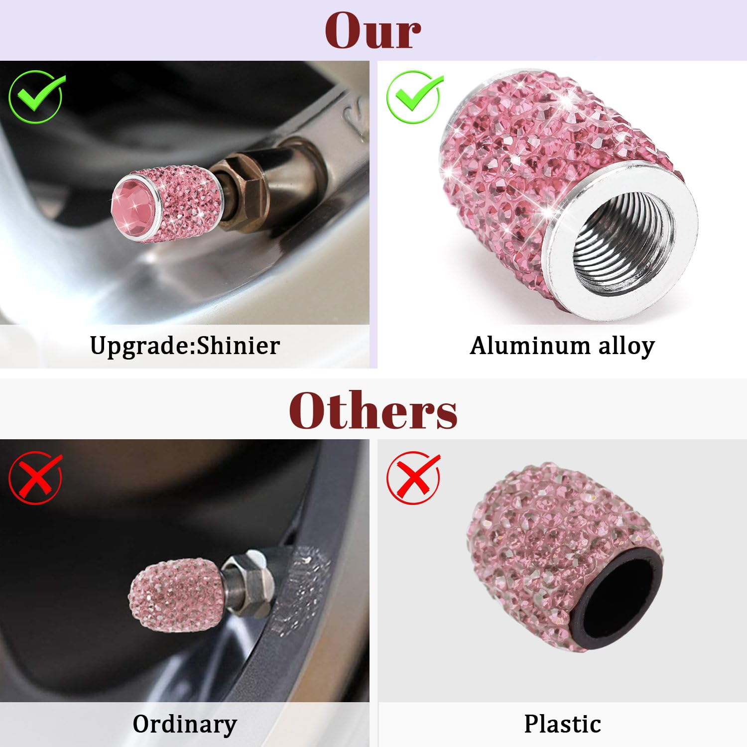 ToBeQueen Bling Pink Tire Valve Caps, 4 Pack Handmade Crystal Rhinestone Diamond Pink Sparkly Tire cCover Universal Dustproof Li