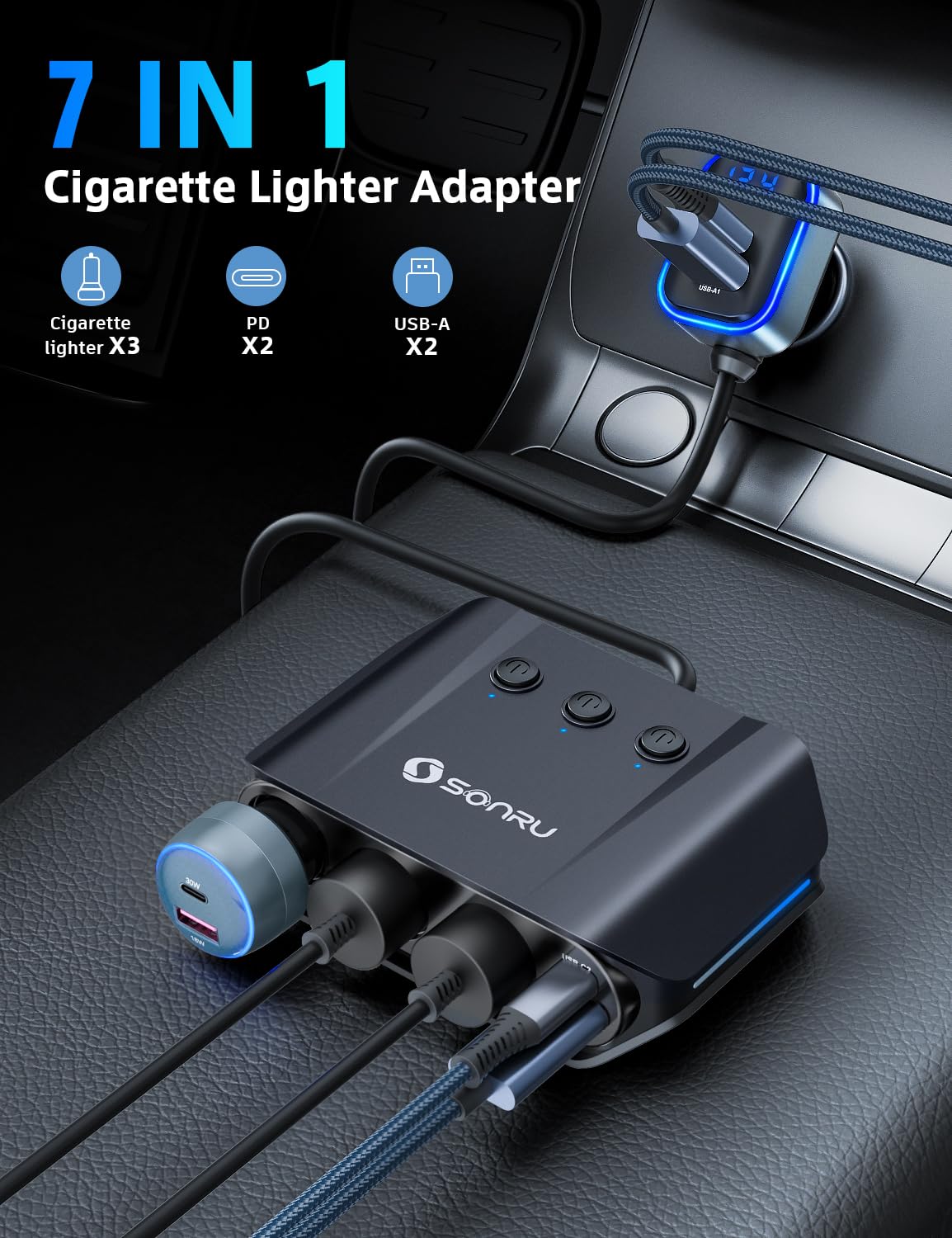 7 in 1 Cigarette Lighter Splitter, SONRU 180W (max 192W) 3-Socket Car Cigarette Lighter Adapter with Dual PD 36W/QC3.0 Fast Char
