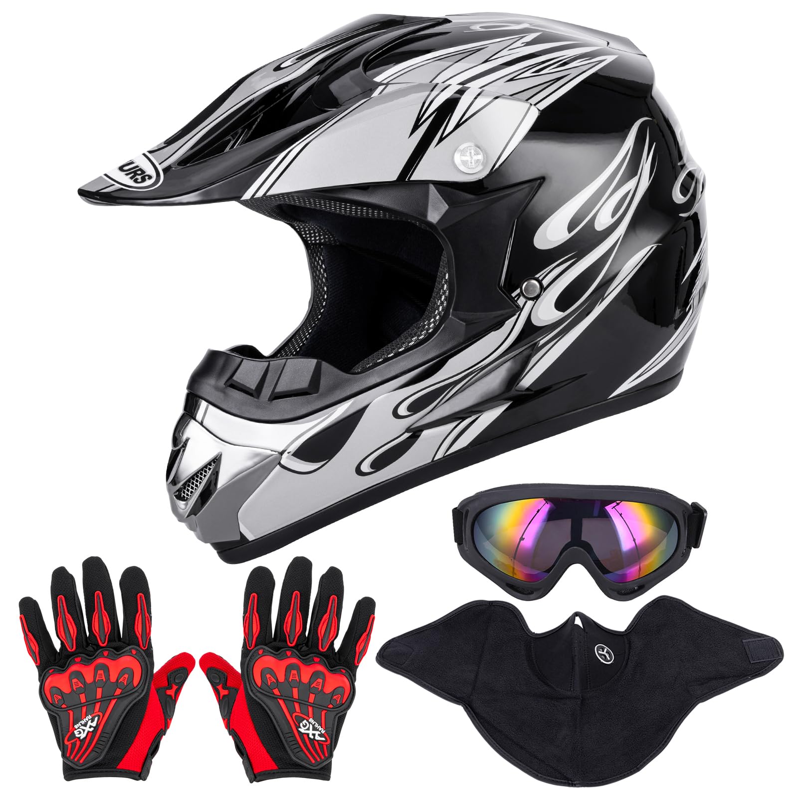 Oumurs Adult Atv Dirt Bike Helmet With Goggles Gloves & Mask Adjustable Sun Visor Motorcycle Adults Helmet Off-Road Motocross Do