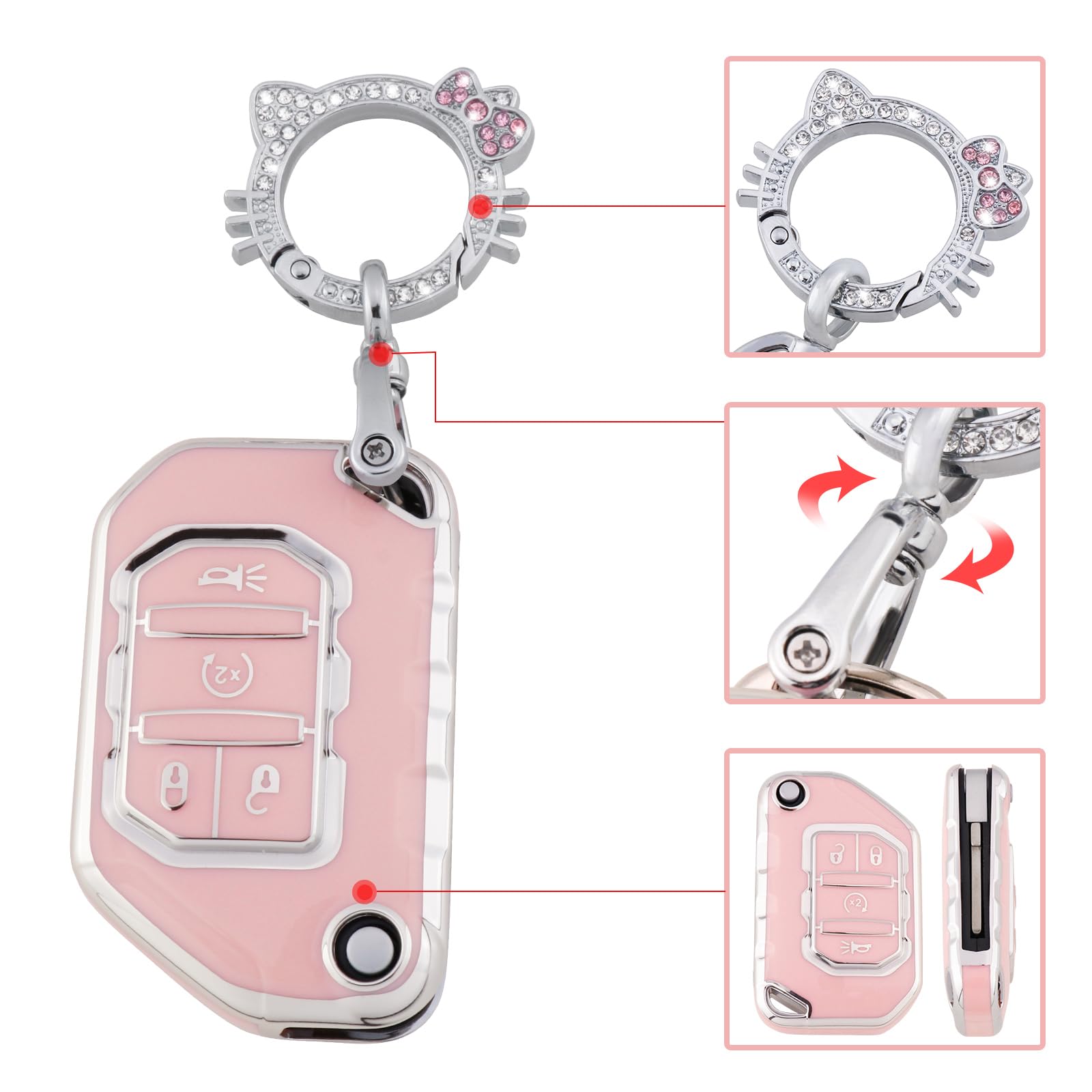 Pangpai Pink Key Fob Cover for Jeep, Soft TPU Key Case Protection with Bling Keychain Fit for 2018-2022 Jeep Gladiator Wrangler