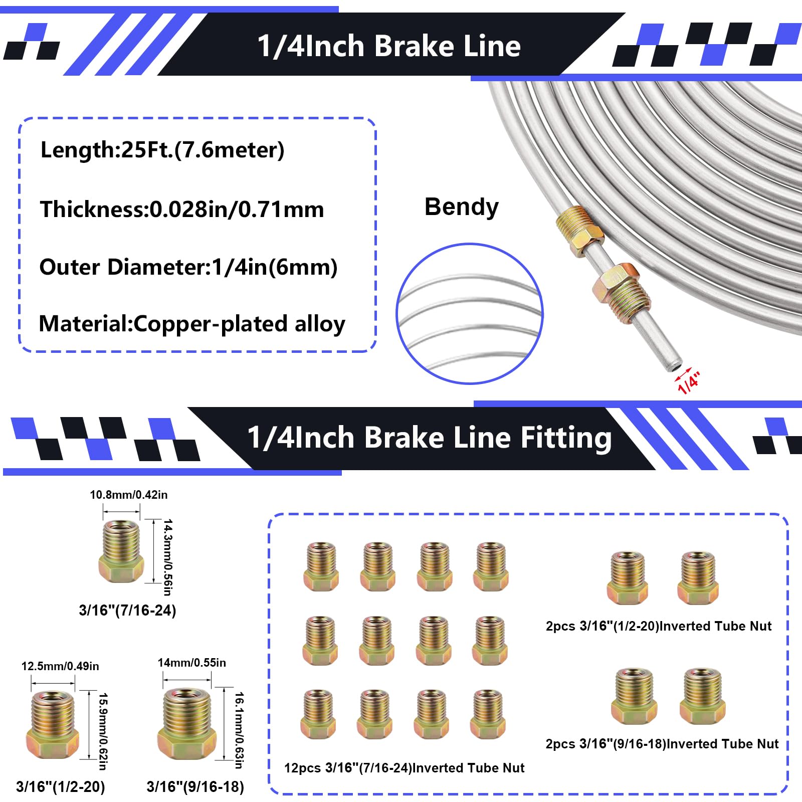 smseace 2Sets 25Ft. 3/16 '' and 1/4 '' Brake Line Tubing Kit with Brake Line Fittings(Includes 16pcs 3/16 ''&16pcs 1/4 '' Fittin